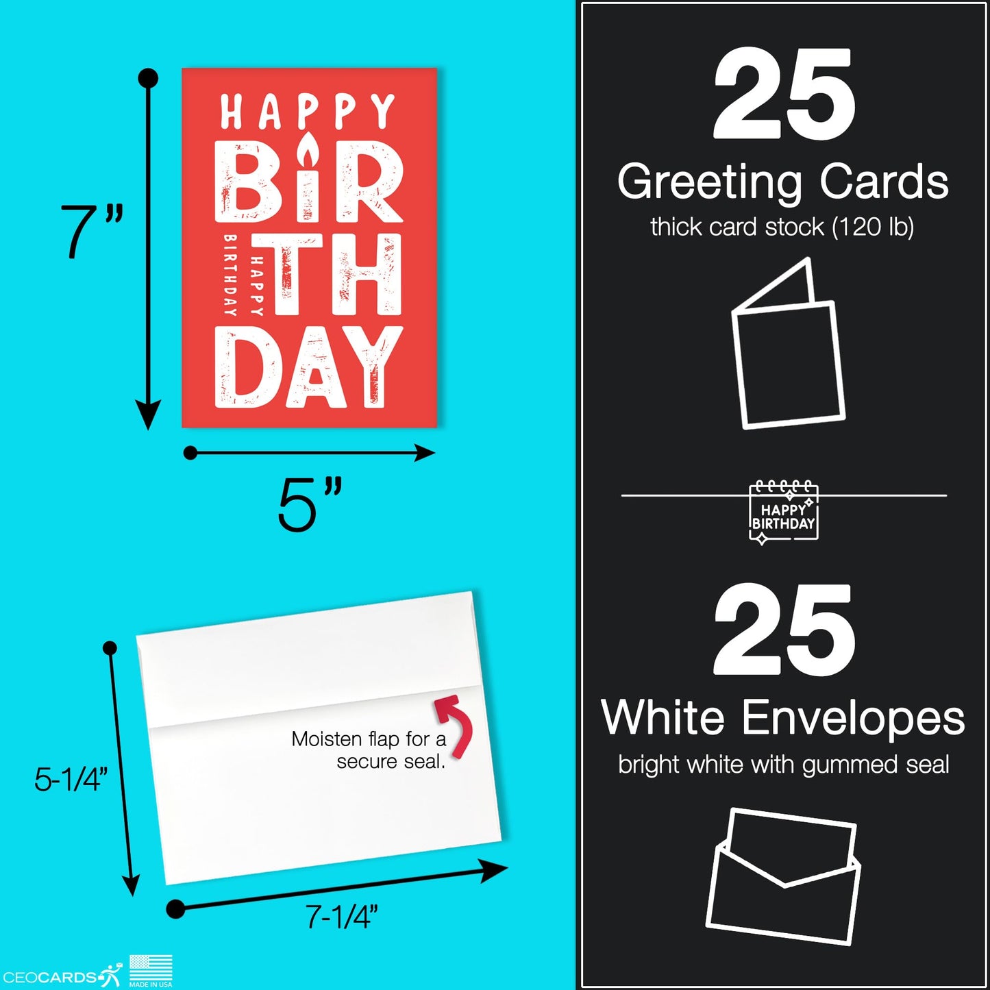 Happy Birthday Cards with Envelopes (25 Variety Pack – 5 Designs) Creative Bulk Birthday Card Set for Family & Business (5x7 inch – A7) Office, Work, Coworkers, Employees, Clients (VP2410) Made in USA