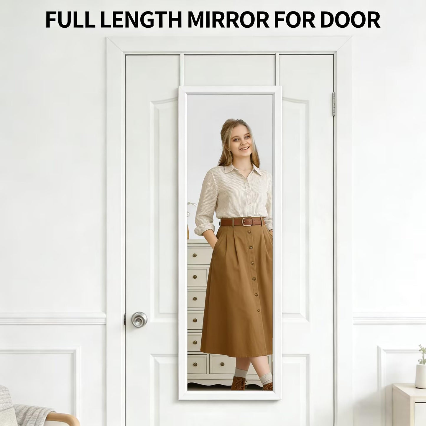 whitebeach 48" x 16" Over The Door Full Length Mirror Wall Mounted Hanging with 2 Metal Hangers for Bedroom Living Room Bathroom White