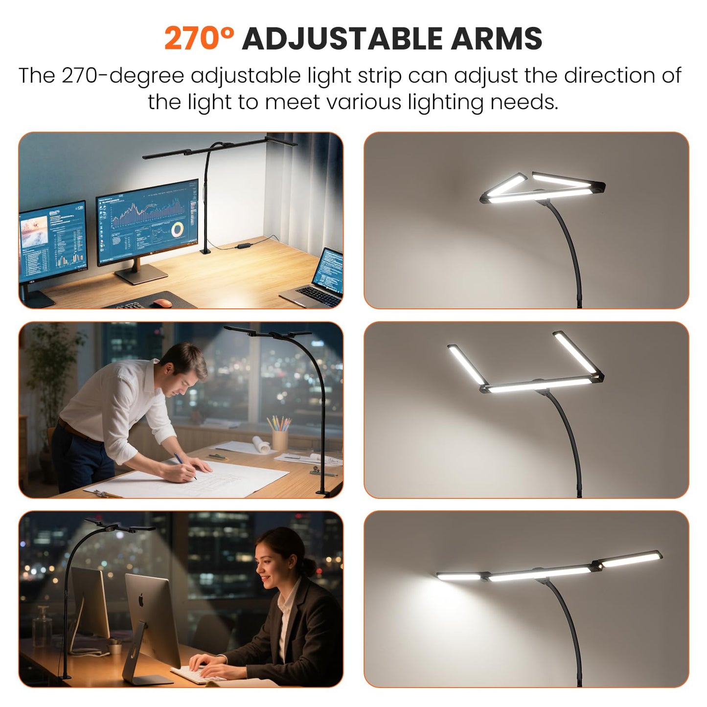 LED Desk Lamp for Office Home, 3 Head Adjustable Computer Monitor light Bar Stepless Dimming, Eye Caring Architect Desk Lamp Table Lamp Clip on Desk Light with Clamp for Reading Study Workbench Black