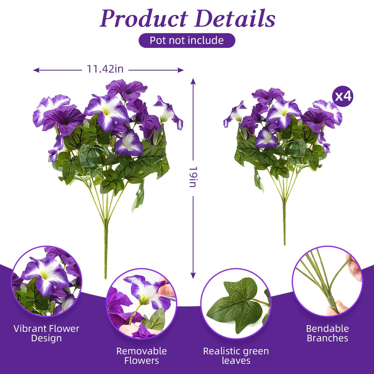 FULLMUSIC Spring Artificial Flowers for Outdoors, UV Resistant Fake Morning Glory, Look Real Faux Silk Plants for Front Door Garden Porch Planter