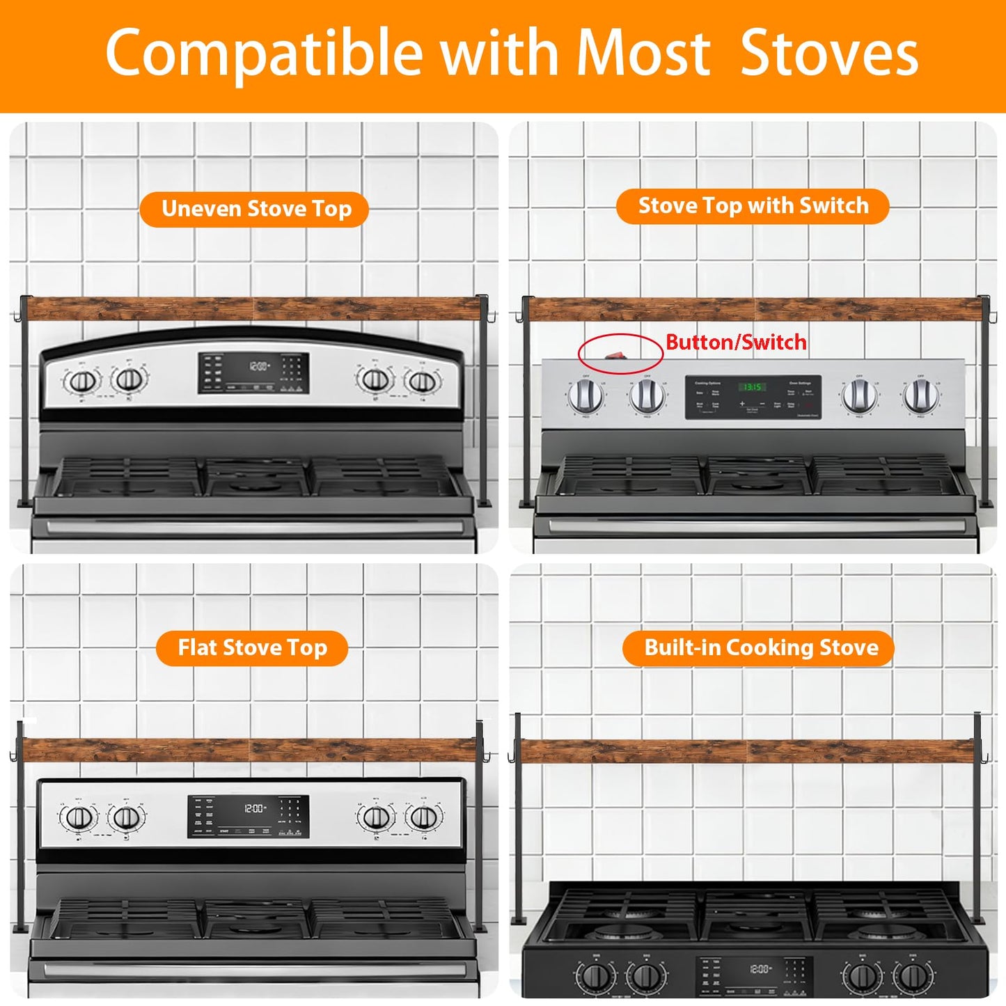 EffiJoy Spice Rack Shelf for Kitchen Stove, Over the Stove Shelf with 4 Level Adjustable Height, Over Stove Spice Rack with 4 Hooks, Rustic Brown + Black