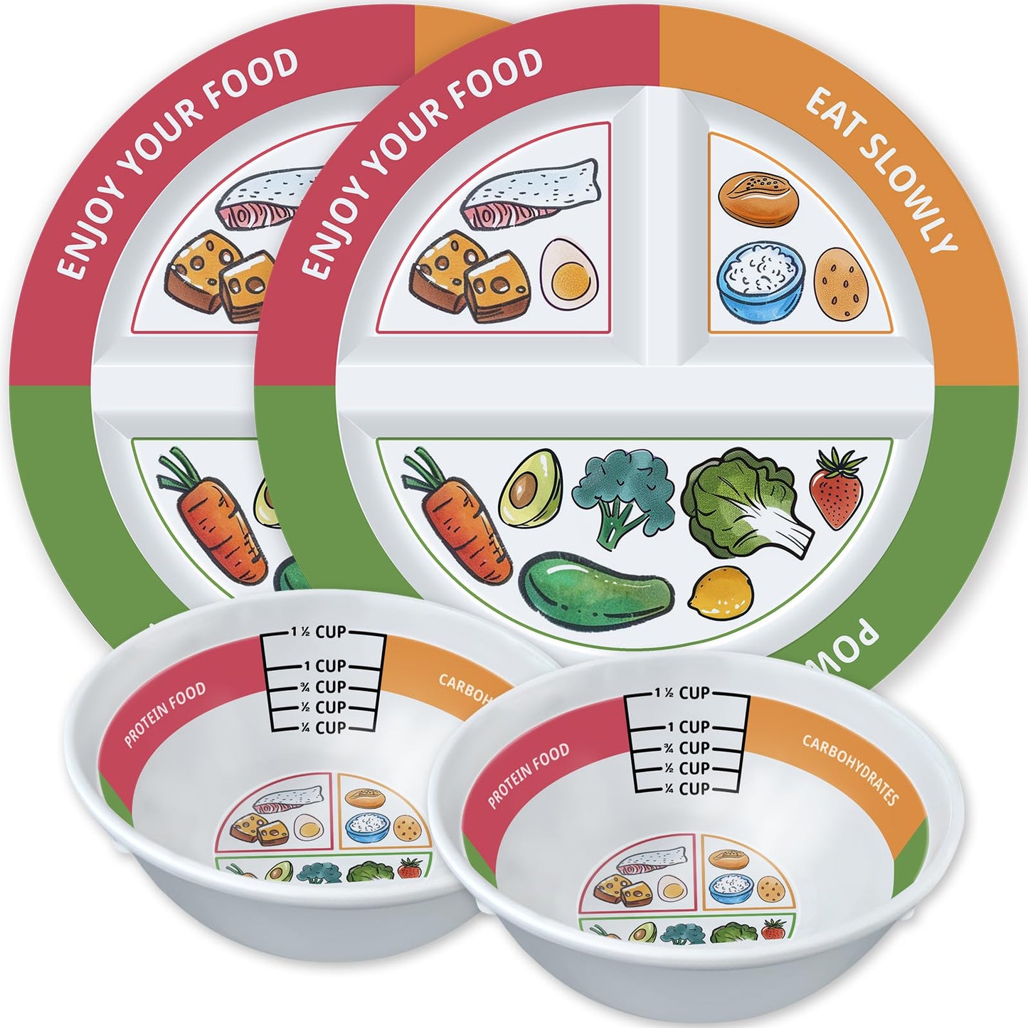 VIYNRAN 4 Pcs Portion Control Plates & Bowls Set (9 Inch), Self-Measuring for Weight Loss, Gastric Bypass, LapBand, Diabetes, & Healthy Diets, Divided Nutrition Plates for Adults & Children