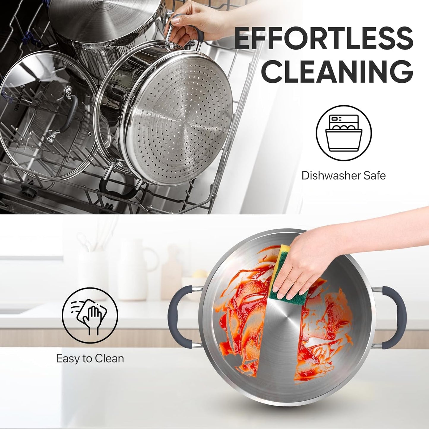 SUNHOUSE Stainless Steel Steamer Pot for Cooking - 5 QT Steaming Pot with Glass Lid & Steamer Basket - 2 Tier Tri-ply Vegetable Steamer with Stay-Cool Silicone Handles - Induction Compatible