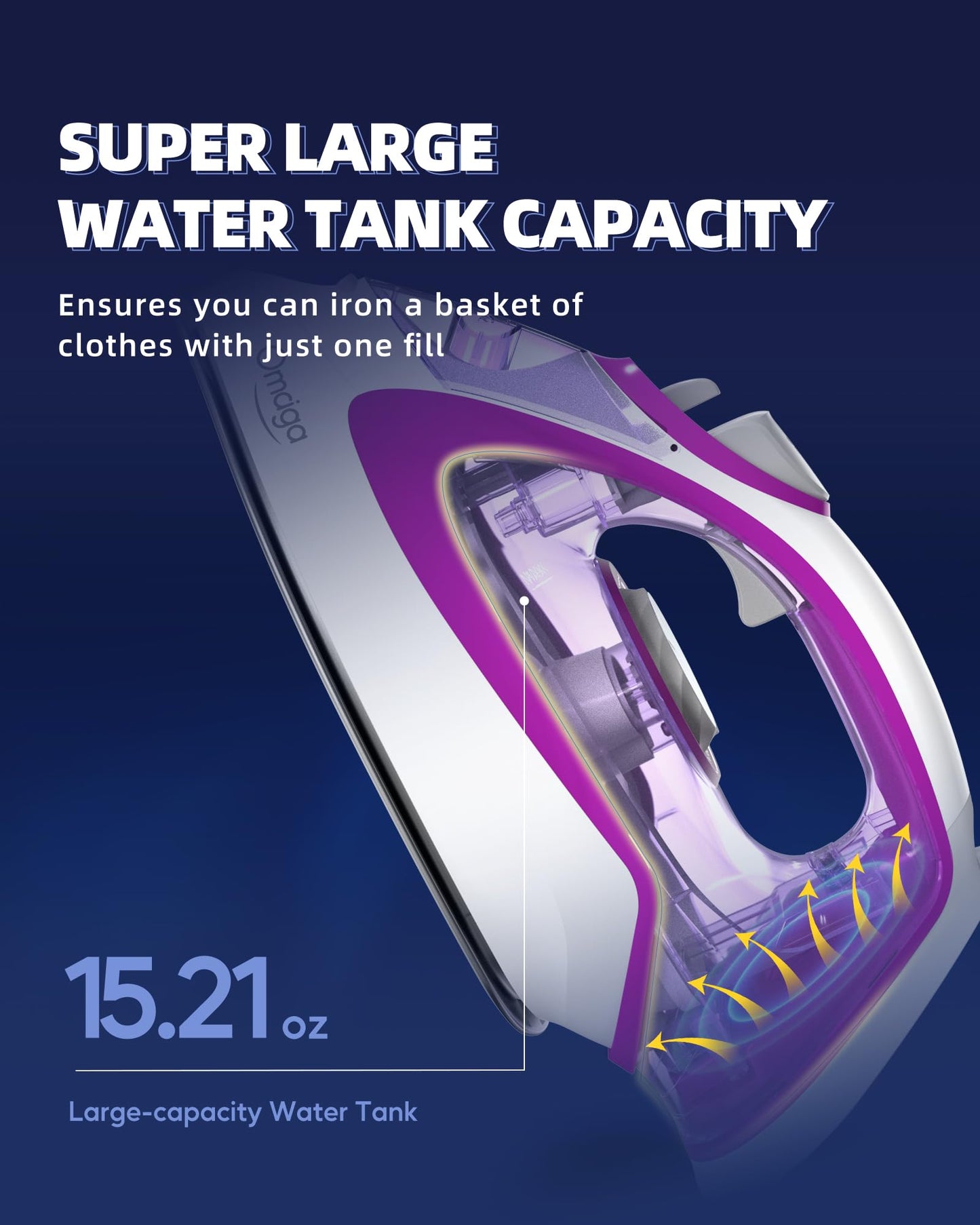 Omaiga Steam Iron for Clothes, 1750W Fast Heating with Powerful Steam, 15.21oz/450ml Large Water Tank, Ceramic Soleplate, Anti-Drip, Self-Cleaning, 3-Way Auto Shut Off for Home Laundry