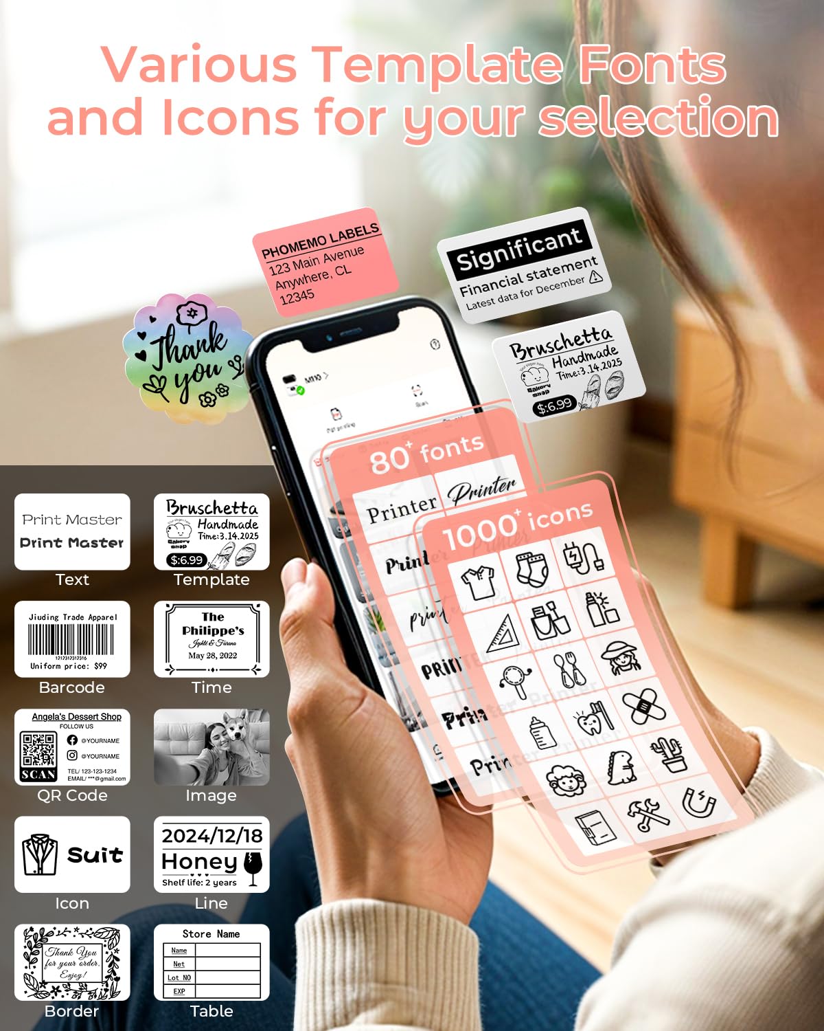 Phomemo M110 Label Maker Machine- with 3 Label Bluetooth Label Maker for for Business Labeling, Barcode, Office, Cable, Retail, with Fonts Choose, Icons, Templates, Pink