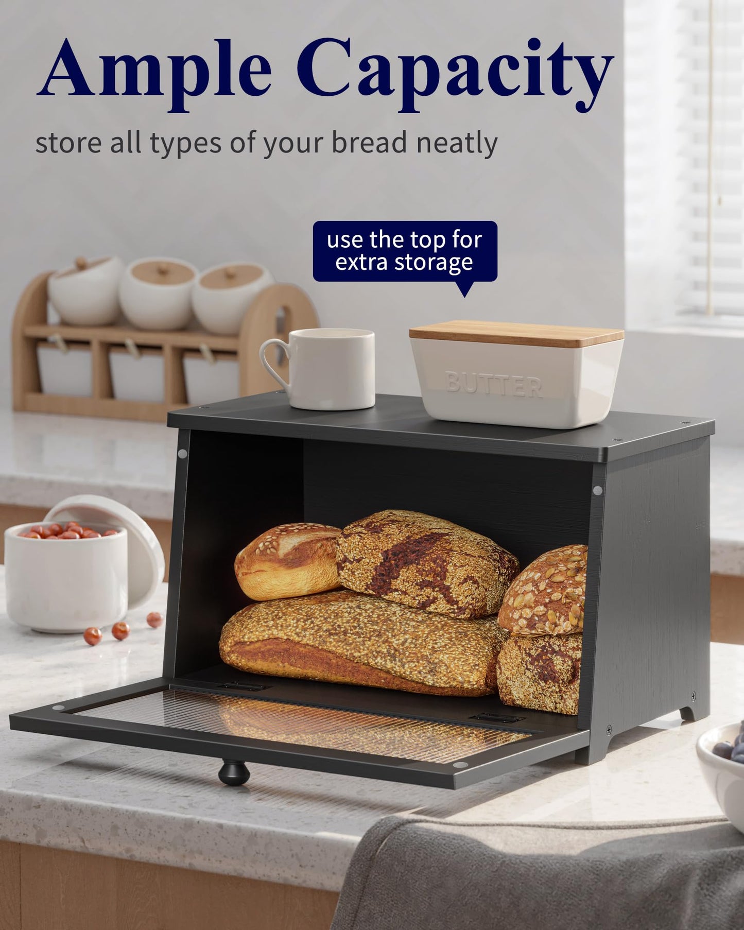 Kitsure Bread Box - Wooden Bread Box for Kitchen Countertop, Large Capacity Kitchen Countertop Organizer, Stylish Bread Storage with Window, Multi-functional Container, Black, 1-Tier