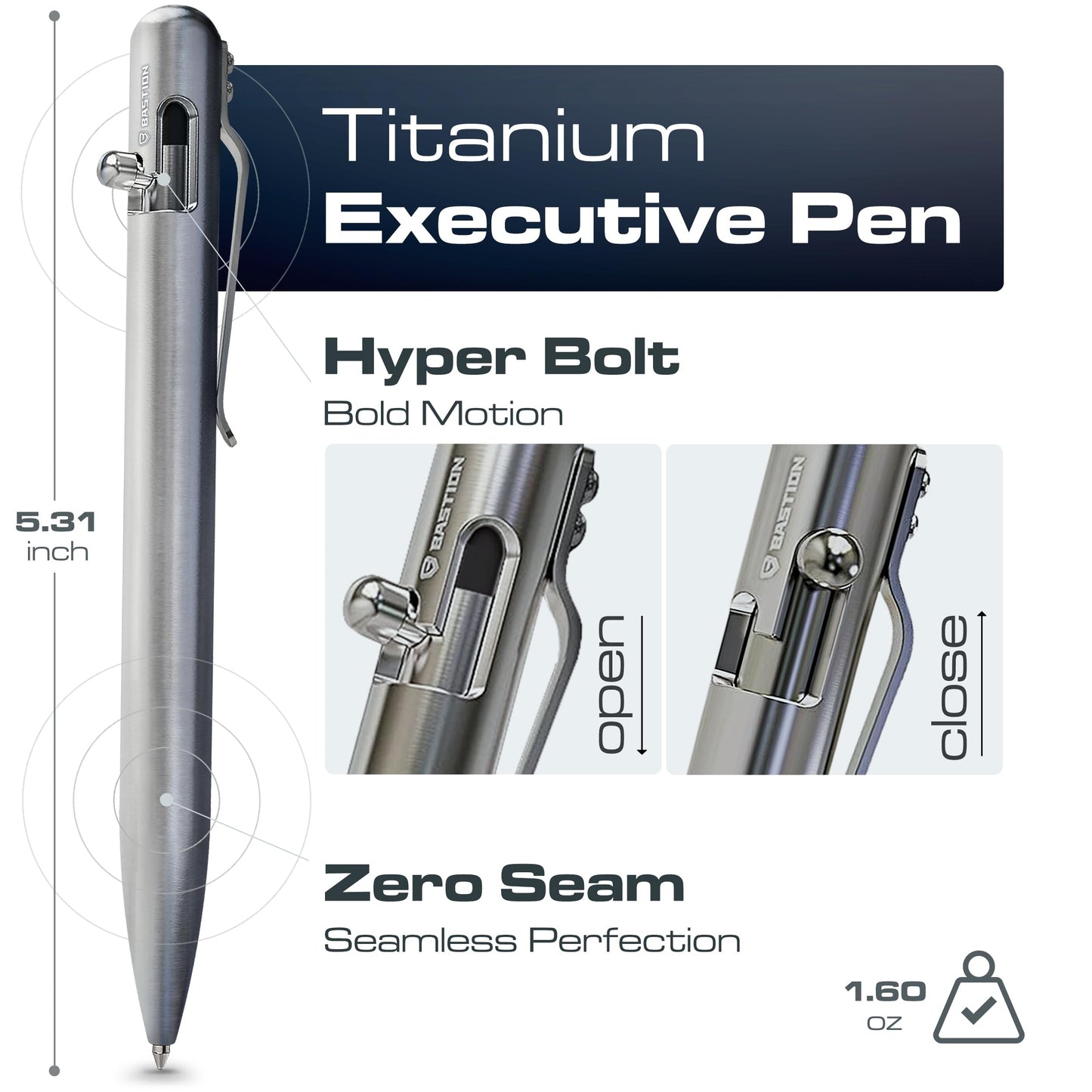 BASTION Bolt Action Pen - Titanium Silver - HyperBolt & ZeroSeam EDC Pen, Premium Metal Writing Pen, Smooth Ink, Durable Pocket Pen, Refillable Executive Gift