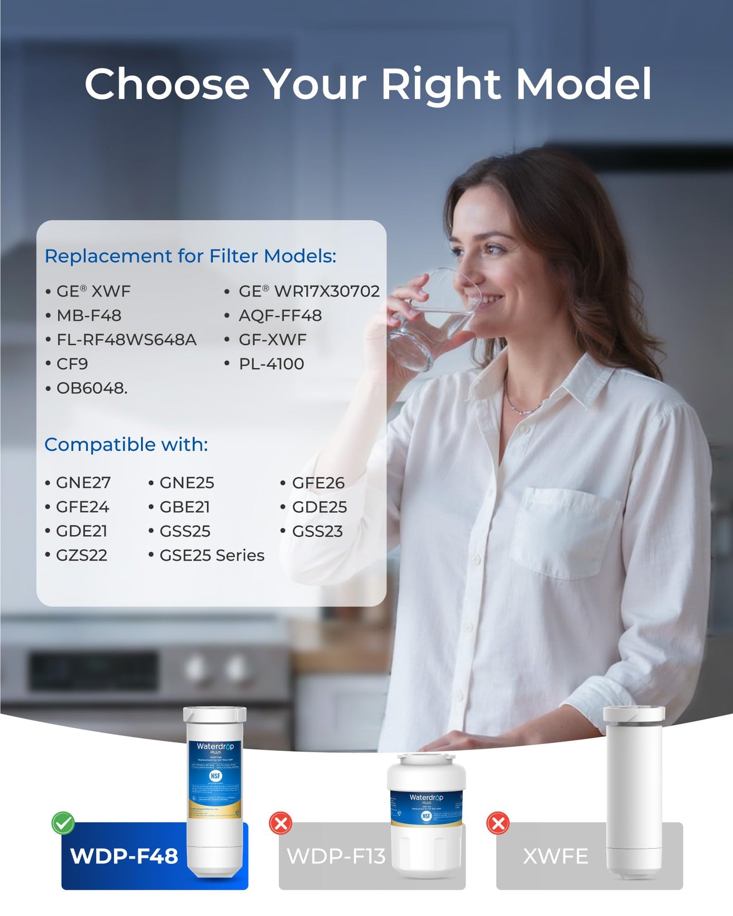 Waterdrop Plus XWF Replacement for GE® XWF, WR17X30702 Refrigerator Water Filter, NSF/ANSI 401 & 53 & 42 & 372 Certified, Reduces RFAS, 3-Pack (Not XWFE®)