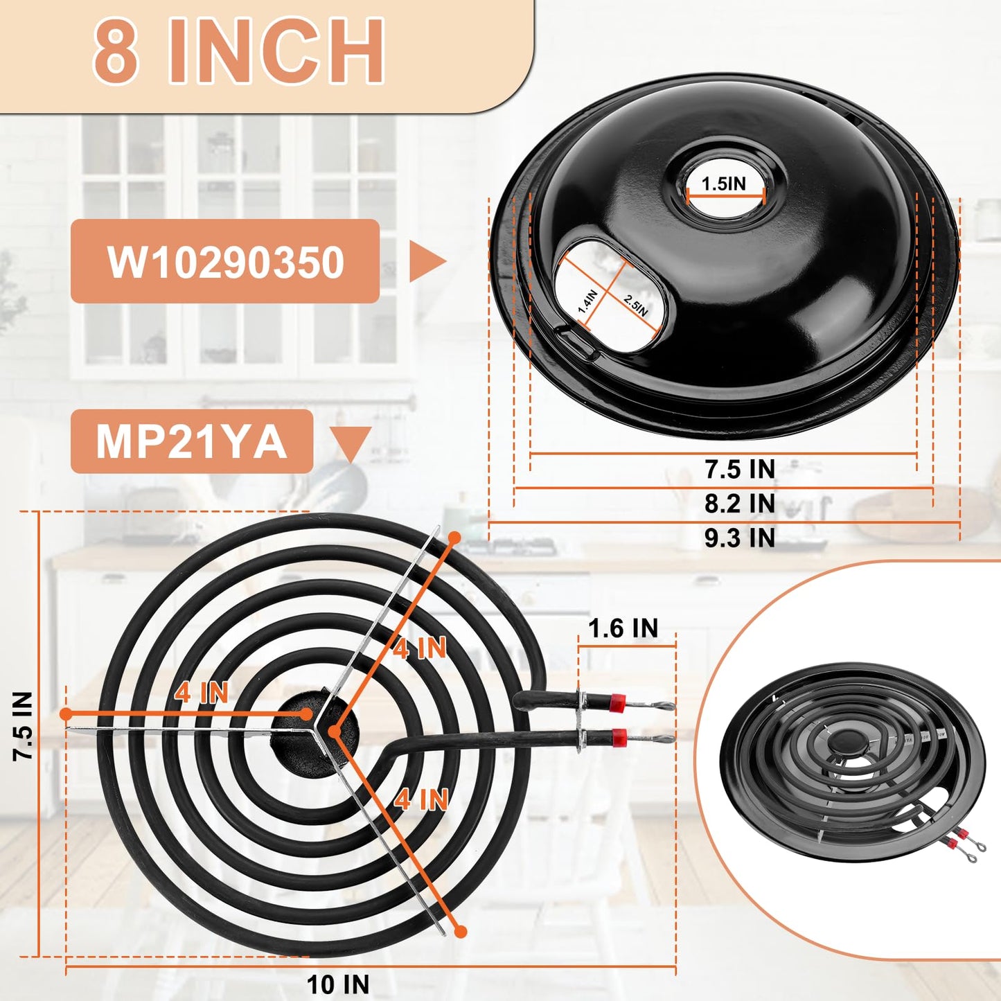 W10290350 W10290353 Black Porcelain Burner Drip Pan Bowls & MP22YA Electric Range Burner Element Unit Set by Cenipar-Compatible with Whirl-pool Frigi-daire Ama-na Range Oven/Stove