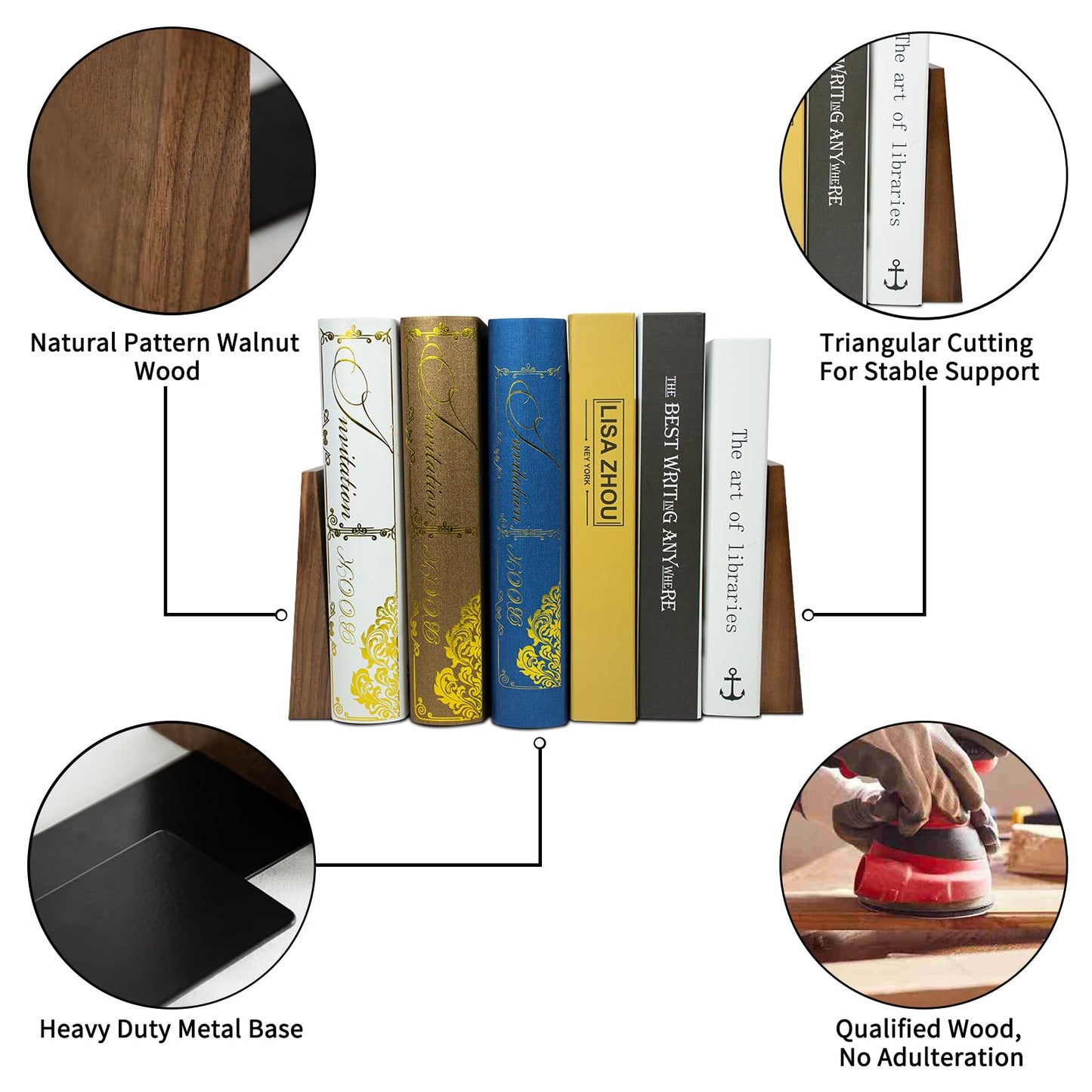 Luxdecor Walnut Book Ends Hold Heavy Books-7x6x5in Wood Bookends for Office Desk Non Skid, Decorative Walnut Bookend 2pack, Triangle Style