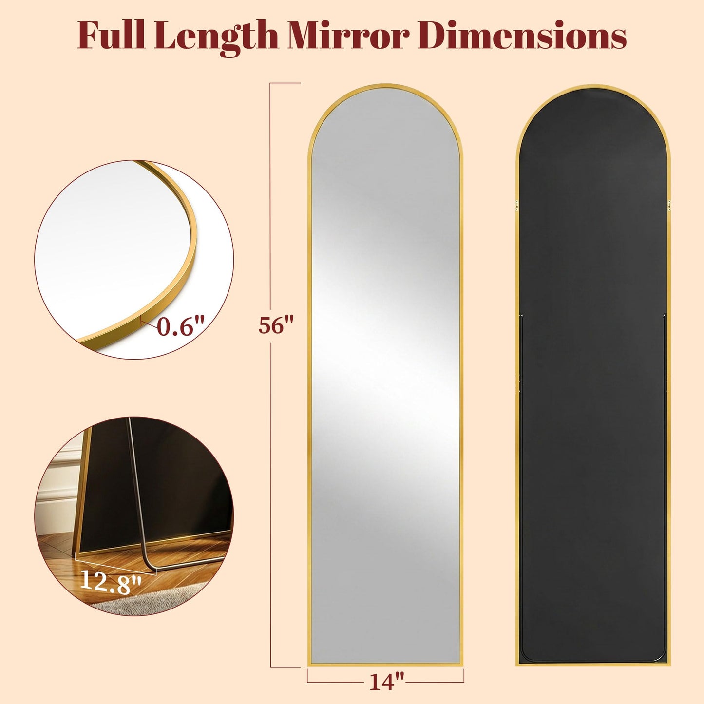 Suidia 56"x14" Arched Full Length Mirror with Stand, Full Body Mirror with Aluminum Frame, Freestanding/Leaning/Wall-Mounted, Floor Mirrors for Bedroom, Living Room, Entryway, Dressing Room, Gold