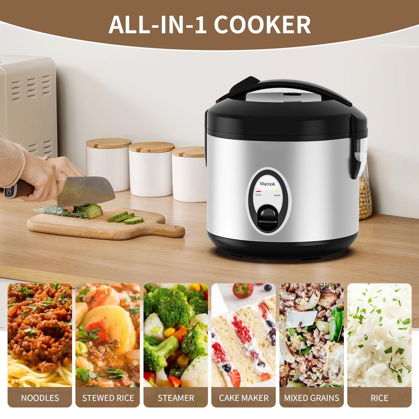 Macook Stainless Steel Rice Cooker with Steamer, 4-Cup Uncooked (1.0L)/8-Cup Cooked, Electric Grain & Vegetable Cooker, Auto Keep Warm for Oatmeal, Soups & Multicooking