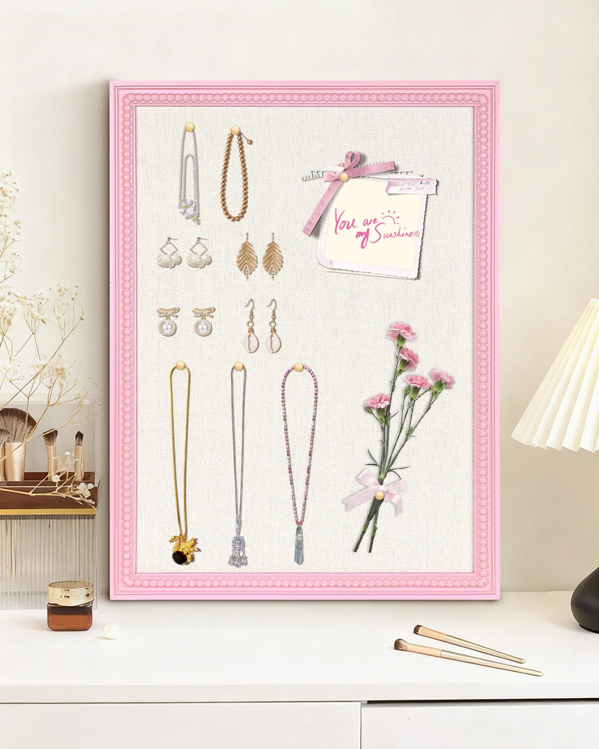 Framed Linen Bulletin Board - 18 x 24 inches Fabric Organizer Pinboard for Wall, Picture Display Vision Board, Cutecore Room Decor - Natural Linen with Pink Frame