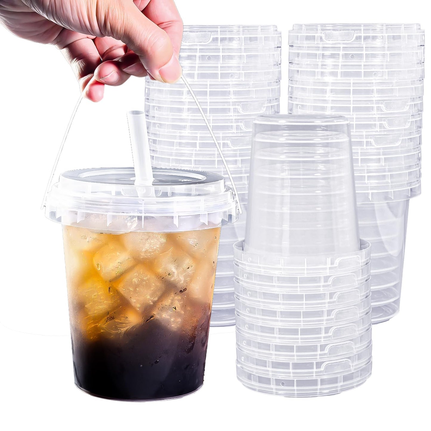Qsqwsuye Set of 60 Large Plastic Cups with Lids and Straws 34oz Disposable Coffee Cups Clear Cups for Drinks Packs and Takebacks