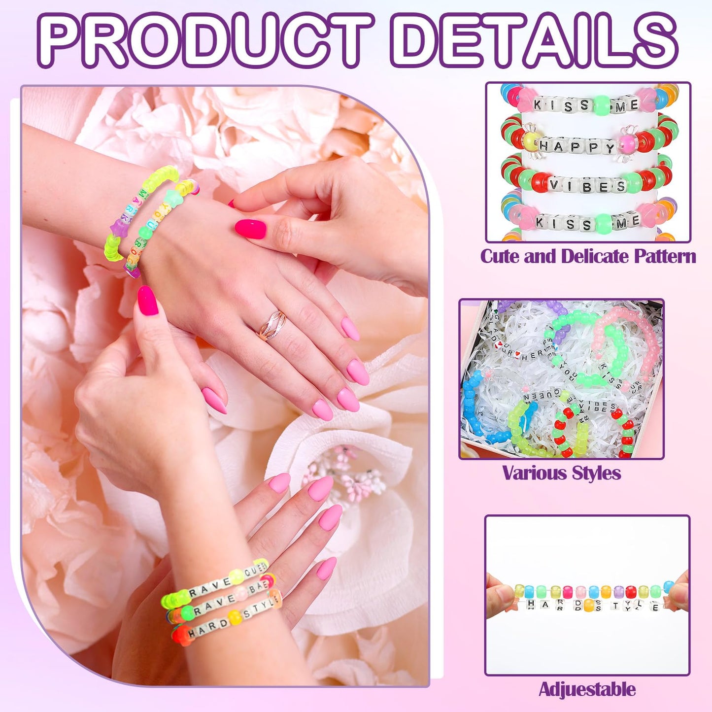 Equsion 48 Pcs Music Party Supply Rave Kandi Bracelets Glow in the Dark Wear and Trade Handmade Party Rave Bracelets Alphabet Plus Music Festival Accessories Every Time for Women Men(Vibrant)