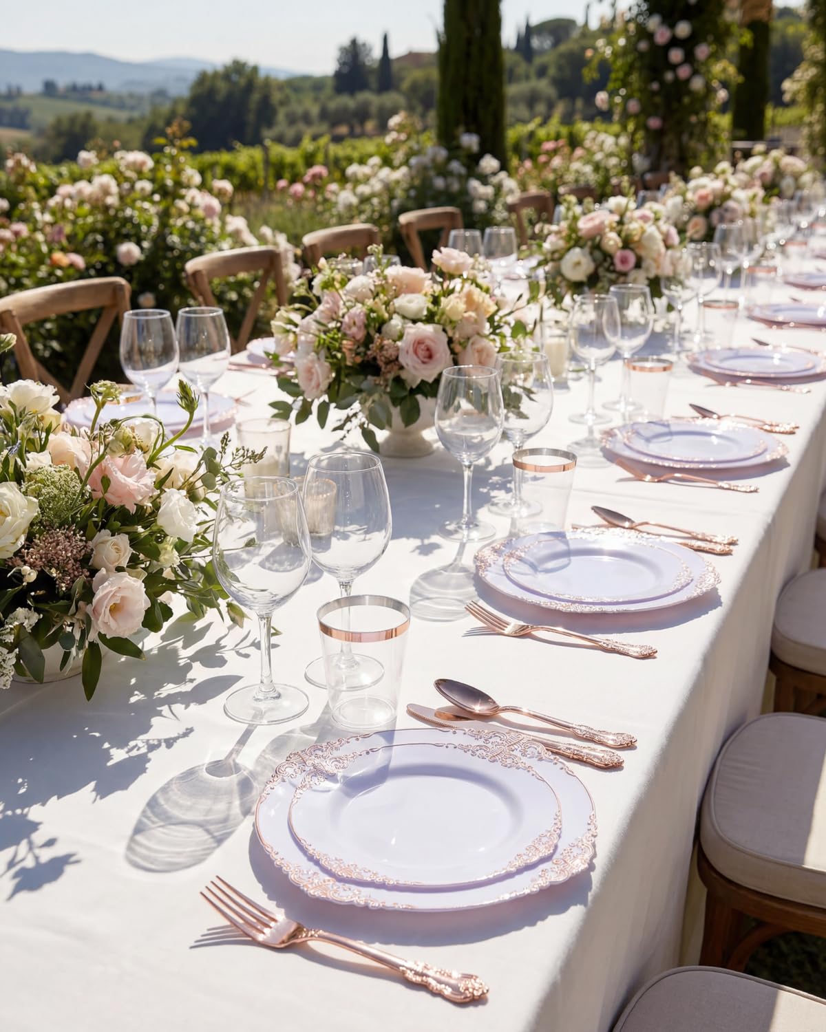 Morejoy 100 Pieces Rose Gold Plastic Plates - Rose Gold Disposable Plates - 10.25inch White Plastic Dinner Plates With Rose Gold Rim for Weddings & Parties & Graduation Party