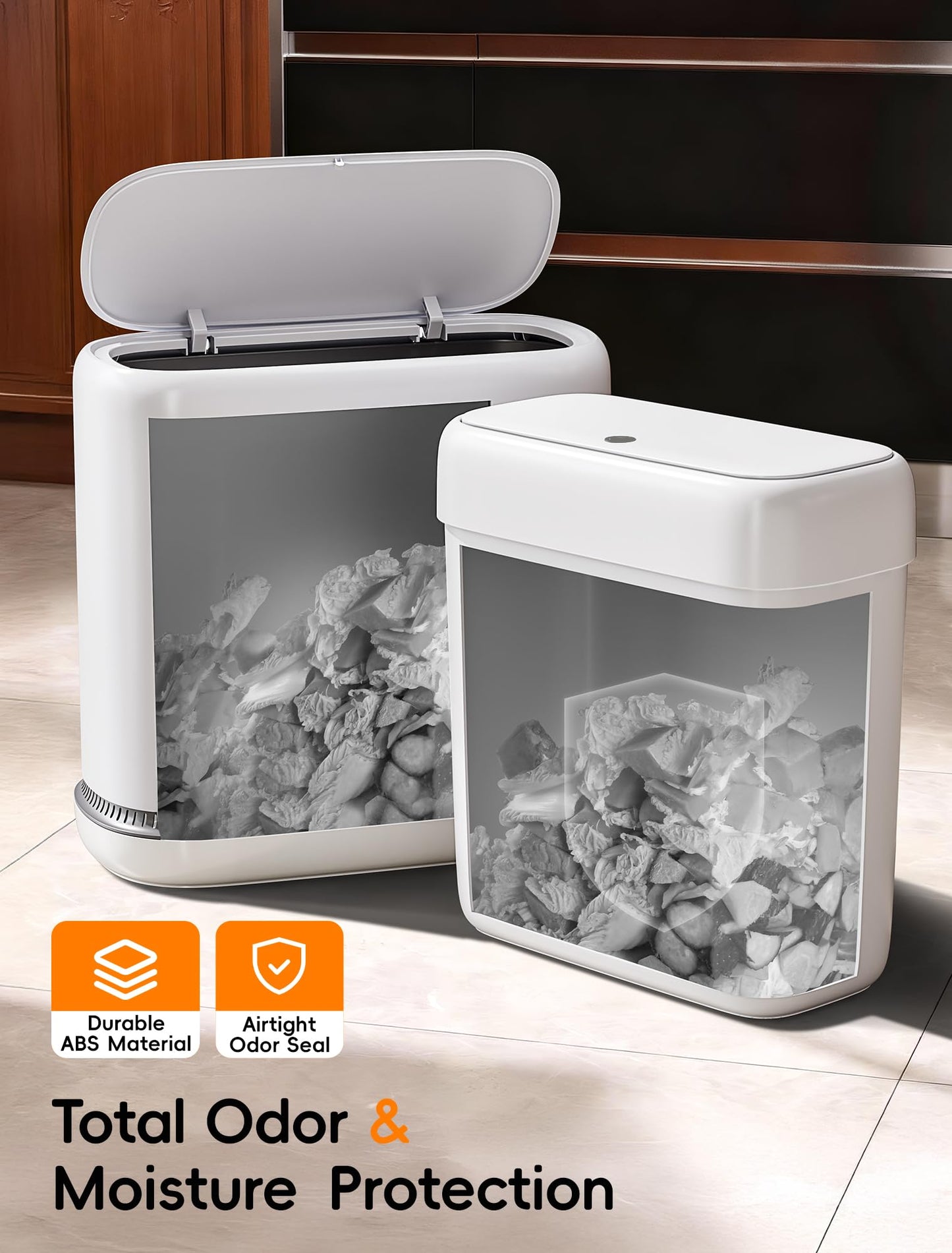 LEGUO Dog Proof Small Bathroom Trash Can with Lid, Slim Press Top Garbage Can, Narrow White Plastic Waste Basket, for Bathroom Bedroom Office 2 Pack Set with 4.8 Gal and 3 Gal