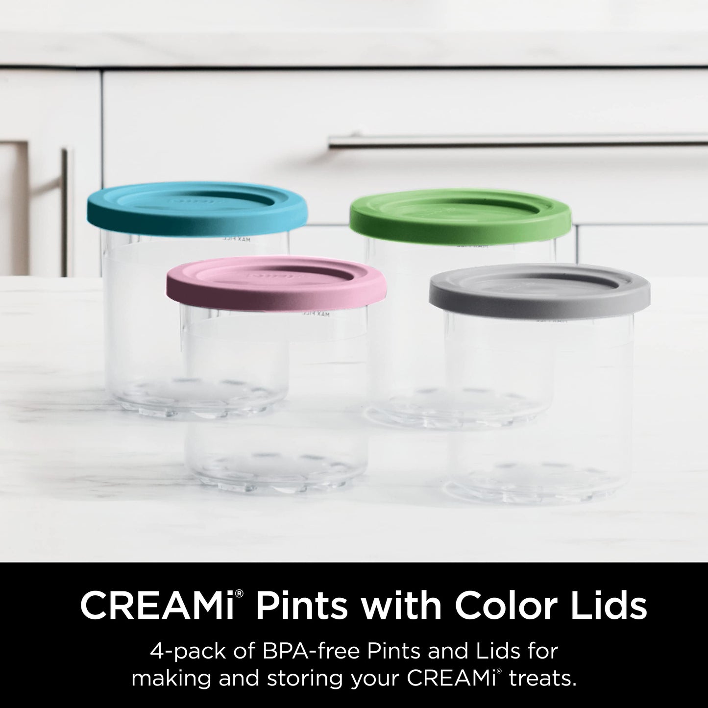Ninja® CREAMi® Original Pints 4 Pack, Compatible with NC299AMZ & NC300s Series CREAMi® Ice Cream Makers, BPA-Free & Dishwasher Safe, Color Lids, 1 Pint Each, Clear/Grey/Lime/Pink/Aqua, XSKPLD4BCD