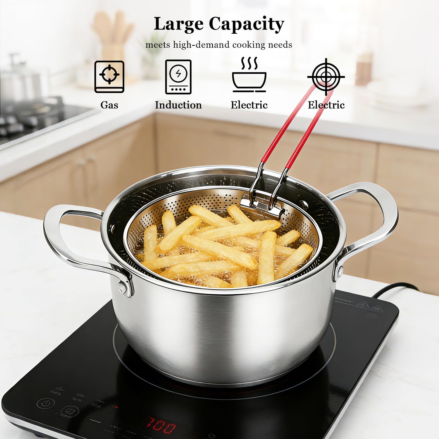 Deep Fryer Pot with Basket, Cooking Pot with Strainer Basket, 4.0L/4.2QT Multi-function Pot with Anti-scald Handle, Egg Steamer Rack & Lid, Stainless Steel Cookware for Home Kitchen Outdoor Camping