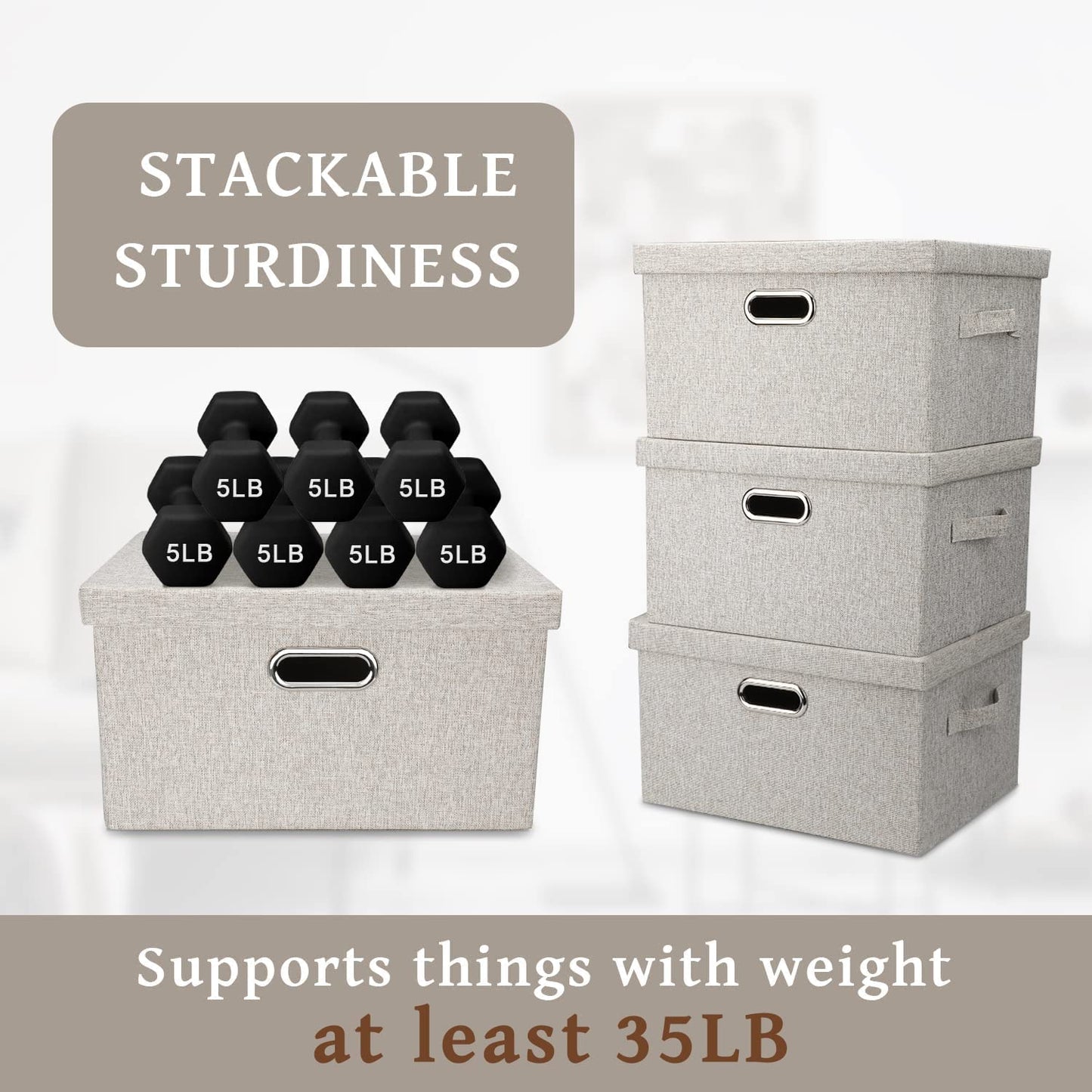 Graciadeco Medium 15" 21 Quart Collapsible Stackable Storage Bins with Lids, 5 Packs Beige Foldable Fabric Closet Boxes Heavy-duty Linen Cube Baskets Container for Bedroom Office (15 x 11 x 8)