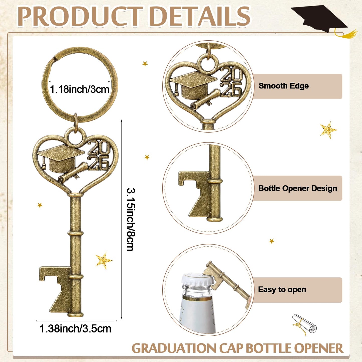 Misdary 50 Sets Graduation Party Favor for Guest 2026 Graduation Cap Bottle Opener Keychains with Thank You Card Organza Bags Class of 2026 College Celebration Party Supplies (Bronze)