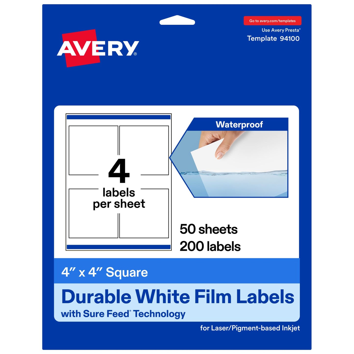 Avery Printable Durable White Square Labels, Sure Feed Technology, 4" x 4", Waterproof Labels, Laser & Pigment-Based Inkjet Compatible, 200 Total, Great for Product Branding, Marketing, and More