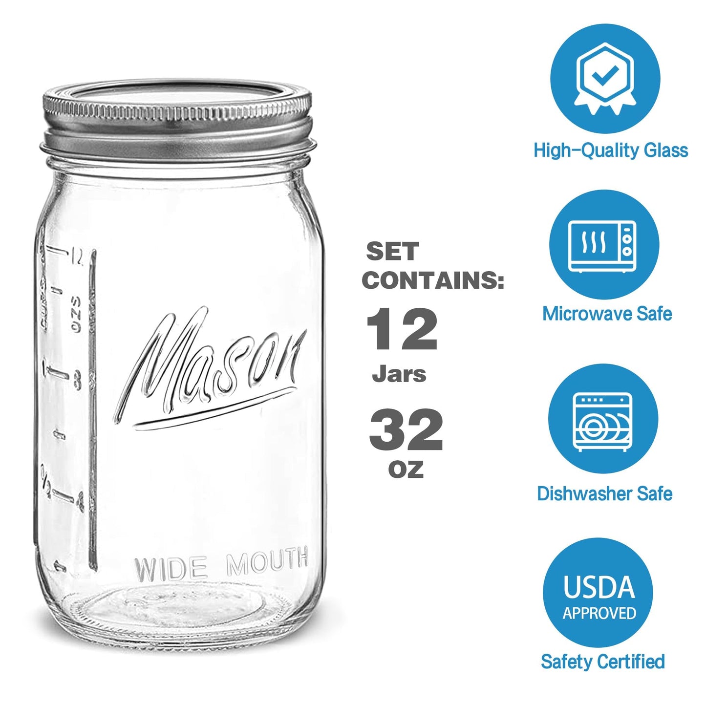 Esrentle Wide Mouth Mason Jars 32 oz - 12 Pack Large Glass Mason Jars with Airtight Lids and Bands, 1 Quart Glass Jars for Pickling, Canning, Fermenting and Food Storage, Microwave & Dishwasher Safe