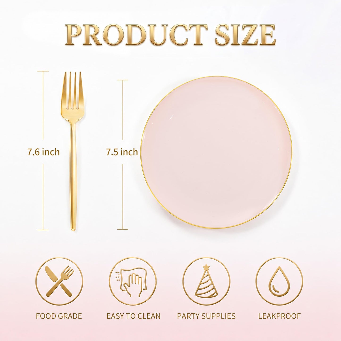 Rubtlamp 200Pcs Plastic Pink Dessert Plates with Disposable Gold Forks,Heavy Duty Pink Disposable Salad Platos,Gold Small Platos,Fancy Appetizer Plates for Mother's Day