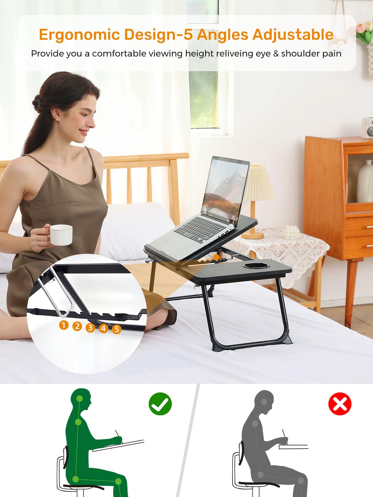 Lap Desk for Couch/Sofa/Floor, 5-Angle Adjustable Bed Desk with Foldable Legs &Cup Holder, Light Weight Bed Tray Table for Writing/Eating/Reading, Portable Laptop Stand for Adults, Kids