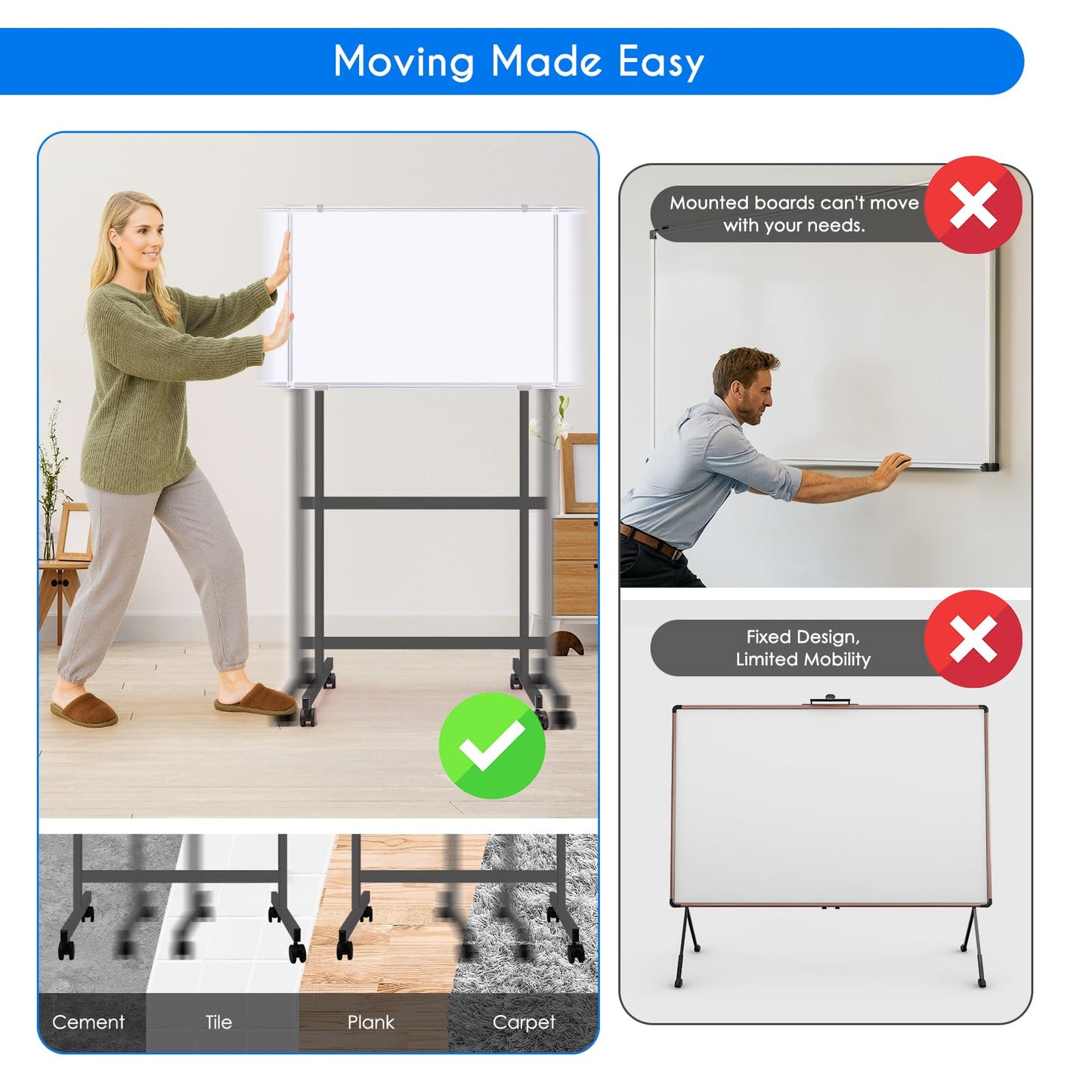 Maxtek Mobile Whiteboard Stand with Wheels, Height Adjustable No Drill Needed Dry Erase Board Easel Stand for Classroom, Office, Home & School, Whiteboard Stand Only（Black）