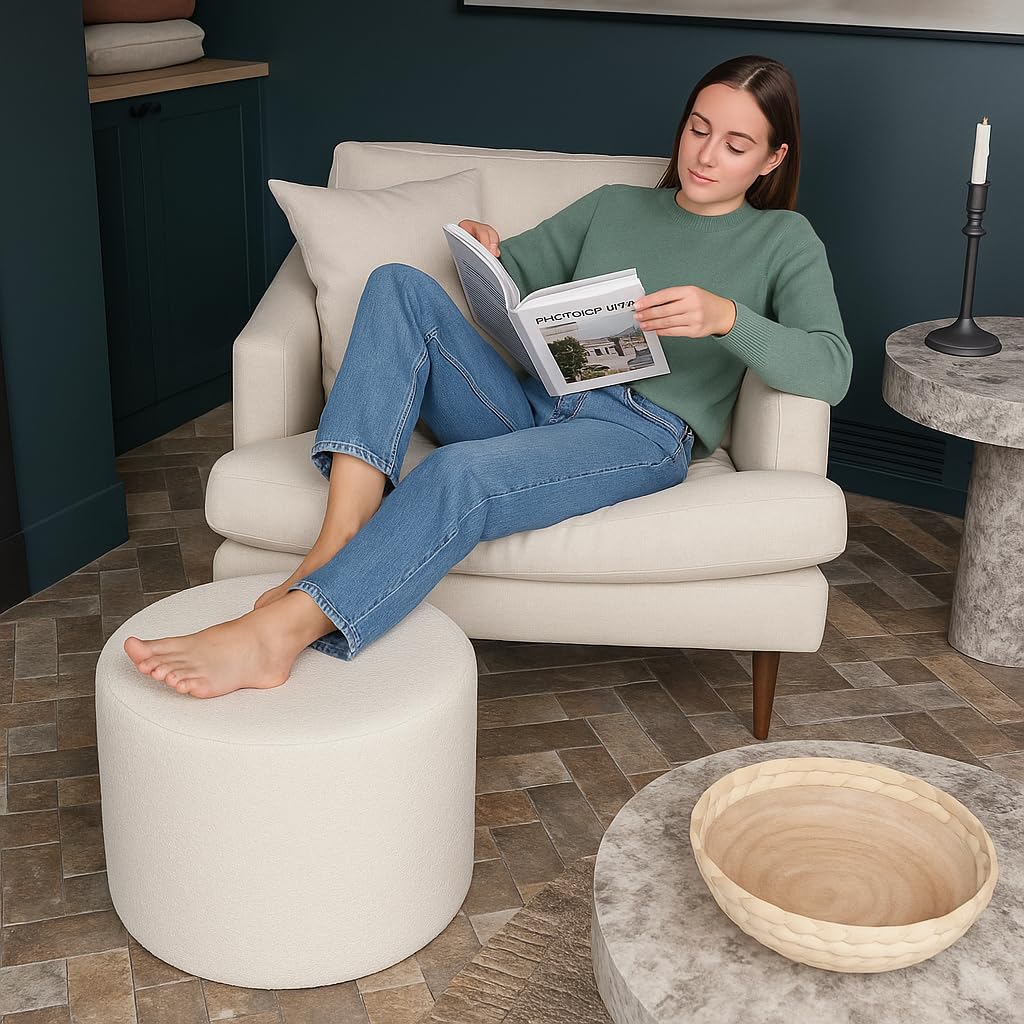 KKdema White Round Ottoman Foot Rest Stool – Clean Boucle Fabric Footstool with Soft Foam Filling, Lightweight Modern Pouf for Minimalist Living Room, Bedroom, Office – Pure White