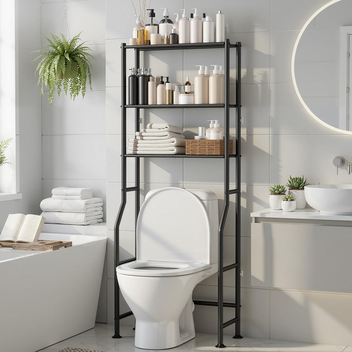 ASCENREST 3-Tier Over The Toilet Storage, Freestanding Metal Bathroom Shelves, Space Saver Above The Over Toilet Storage Shelf for Bathroom (Black)
