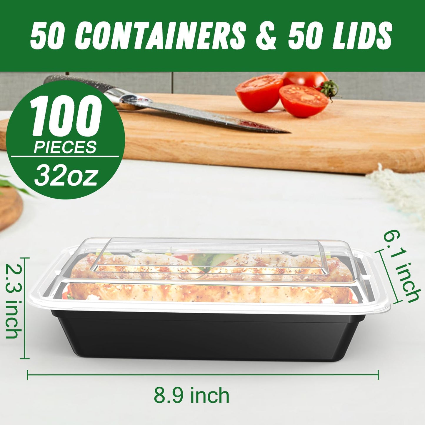 50 Pack (100-Piece) 32 oz Meal Prep Containers Reusable with Easy Open Lids, Sturdy Leakproof Food Safe, Microwave Freezer Dishwasher Safe, To Go Take Out Plastic Food Storage Pans with Lids, Black