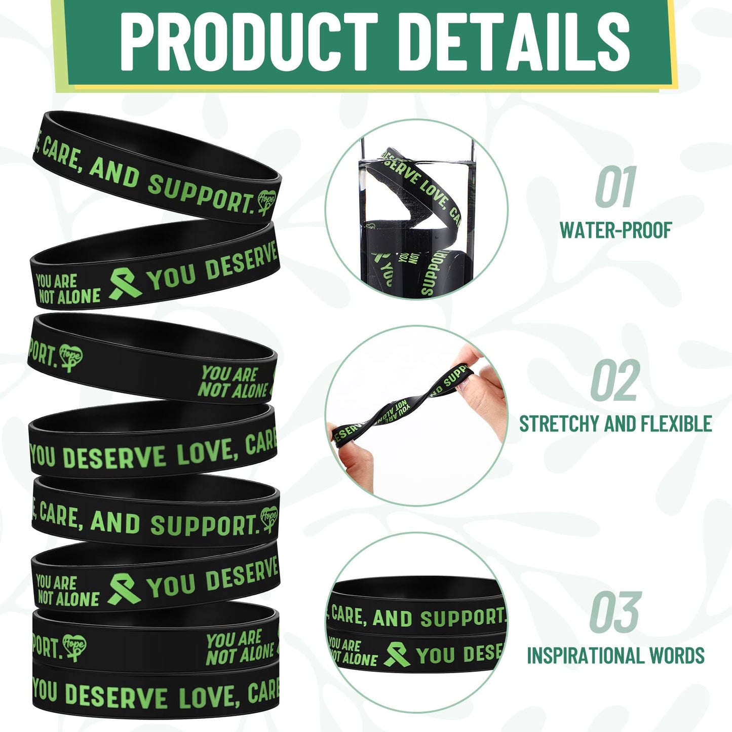 Fuyoooo 415 Pcs Mental Health Awareness Items Gifts Bulk Green Ribbon Bracelets Pens Rubber Ducks with Inspirational Stickers for Mental Health Awareness Suicide Prevention Charity Giveaways