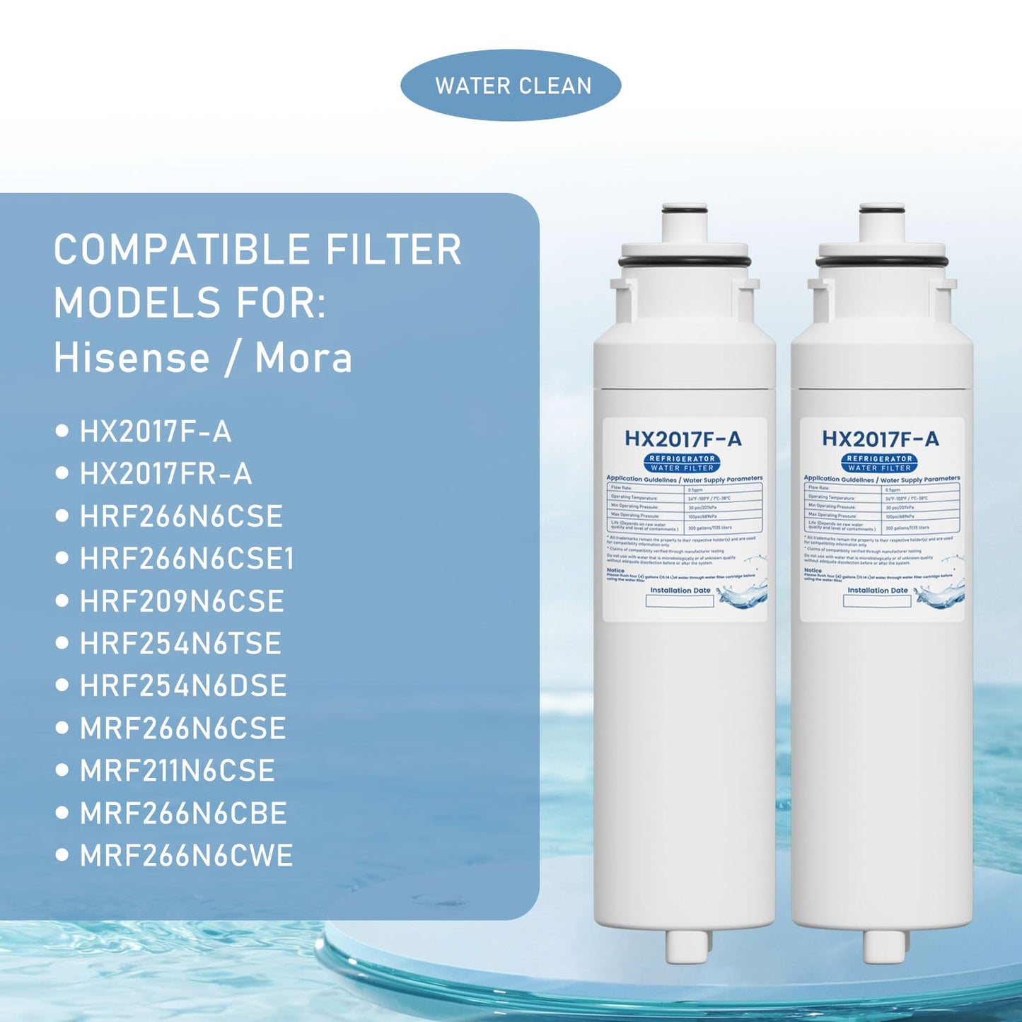 HX2017FR-A Water Filter Cartridge Compatible with Hisense HRF266N6CSE1, HRF266N6CSE, HRF209N6CSE, HRF254N6TSE, HRF254N6DSE Twist-In Models, 2 Pack