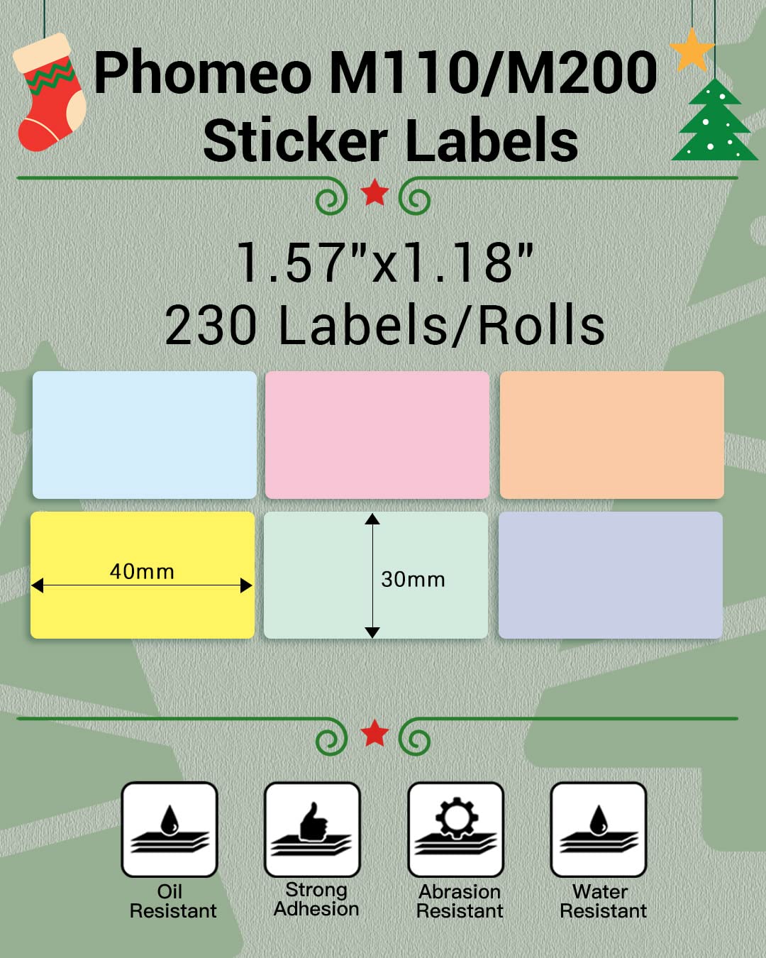 Phomemo Sticker Labels 1.57"x1.18"(40x30mm) 6 Rolls, for M110/M110S/M120/M200/M220 Printer - Pink/Blue/Khaki/Green/Yellow/Purple, for Small Business, Home, Office, 230 Labels/Roll