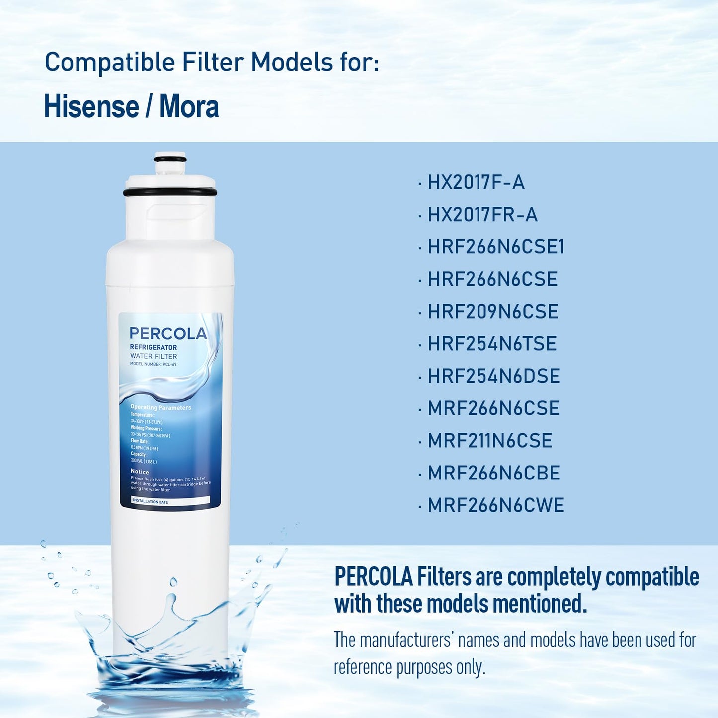 PERCOLA HX2017FR-A Water Filter, Compatible with Hisense HX2017F-A, HRF266N6CSE1, HRF266N6CSE, HRF209N6CSE, HRF254N6TSE, HRF254N6DSE, HRF210N6CBE, Mora MRF211N6CSE, MRF266N6CSE, 2 Pack