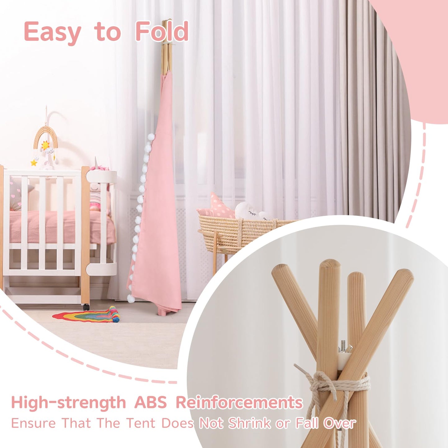 WIRHAO Teepee Tent for Kids with Padded Mat Cotton Canvas Kids Tent with Pompom for Toddlers Indoor Play Tent for Girls Boys with Stars Lights, Carry Bag, Banner Flag (Pink)