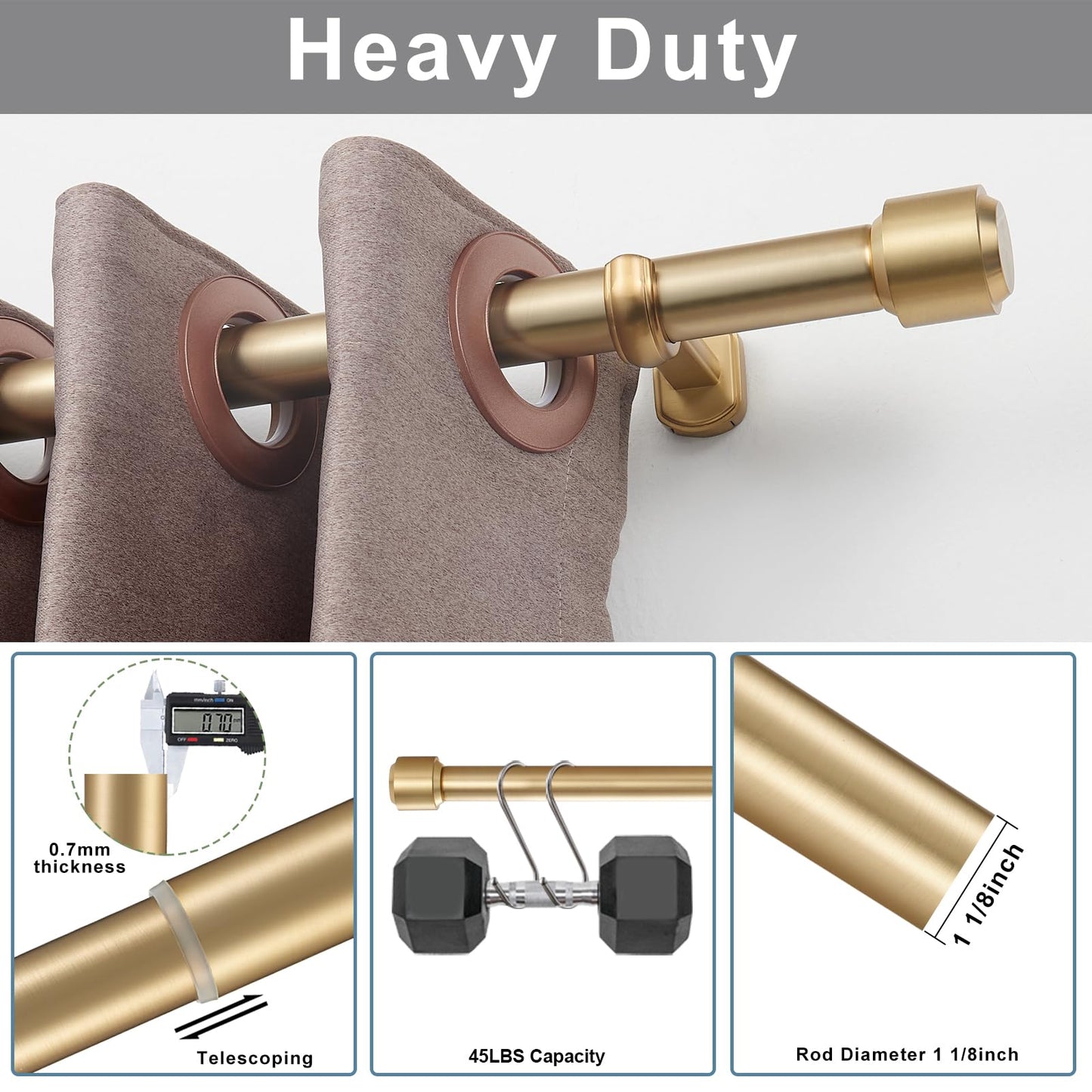 Heavy Duty Curtain Rods, 1 1/8 Inch Diameter Single Curtain Rod 36-72Inch(3-6ft) Extendable Length with End Caps Adjustable Modern Brackets-Warm Gold