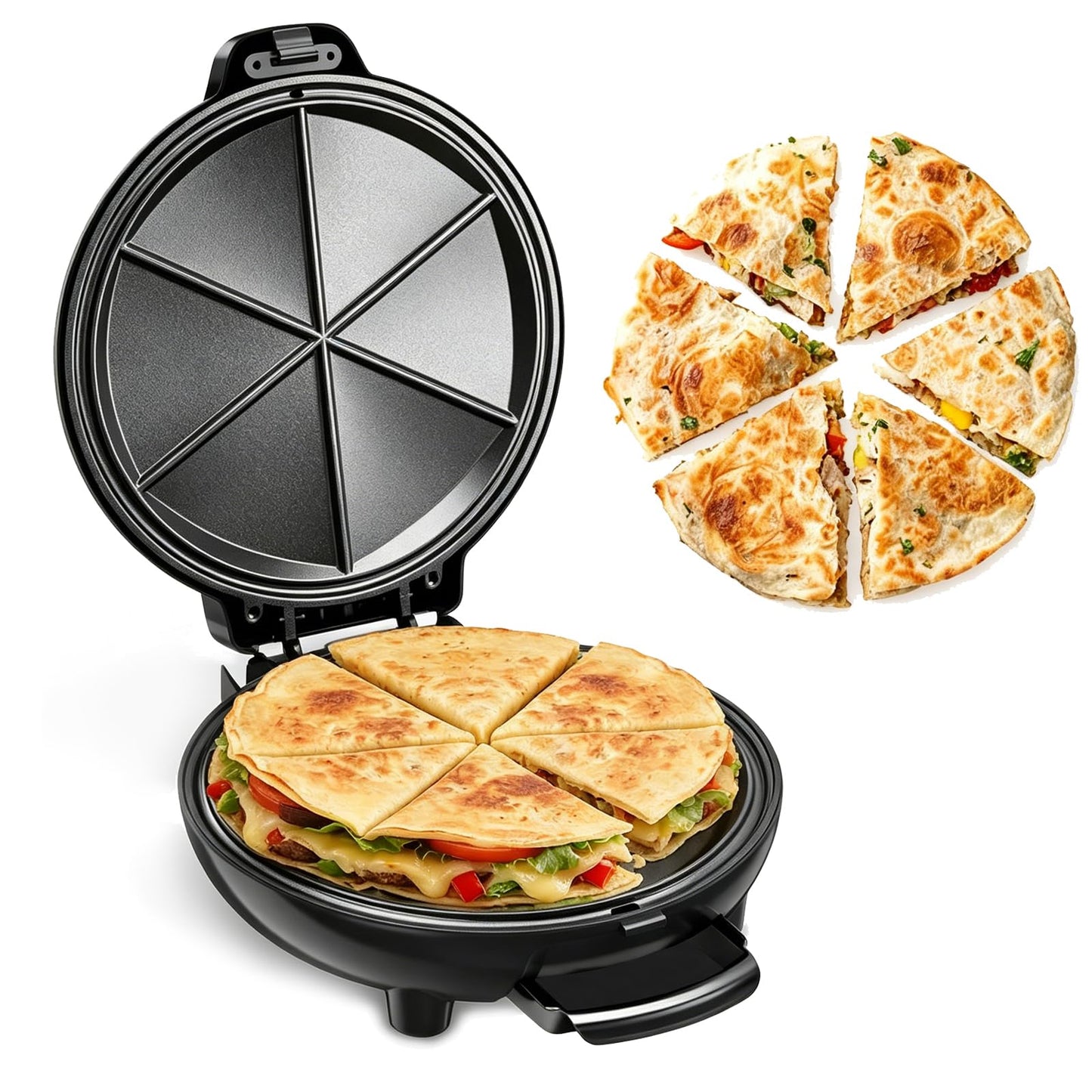 Electric Quesadilla Maker, 9.5'' Quesadilla Press with Extra Stuffing Latch, Easy Slice 6 Wedge, Grilled Cheese Corn Flour Tortilla Snacks, Nonstick Plates, Easy to Clean, Non-Slip Feet, Black