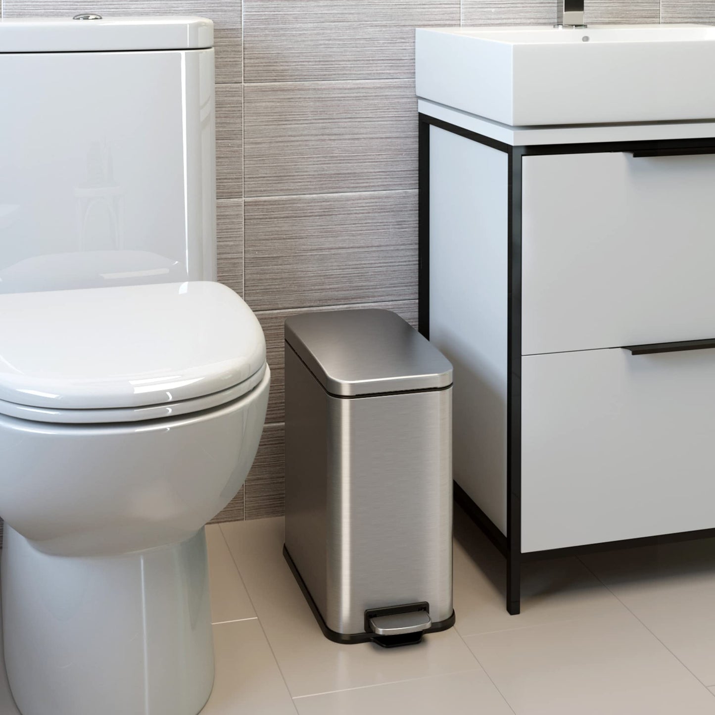iTouchless 3 Gallon Small Wastebasket for Bathroom with Lid, Deodorizer, Soft-Step Stainless Steel Slim Garbage Bin, 12 L Silver Small Trash Can, Step Pedal, Fingerprint-Proof for Powder Room & RV