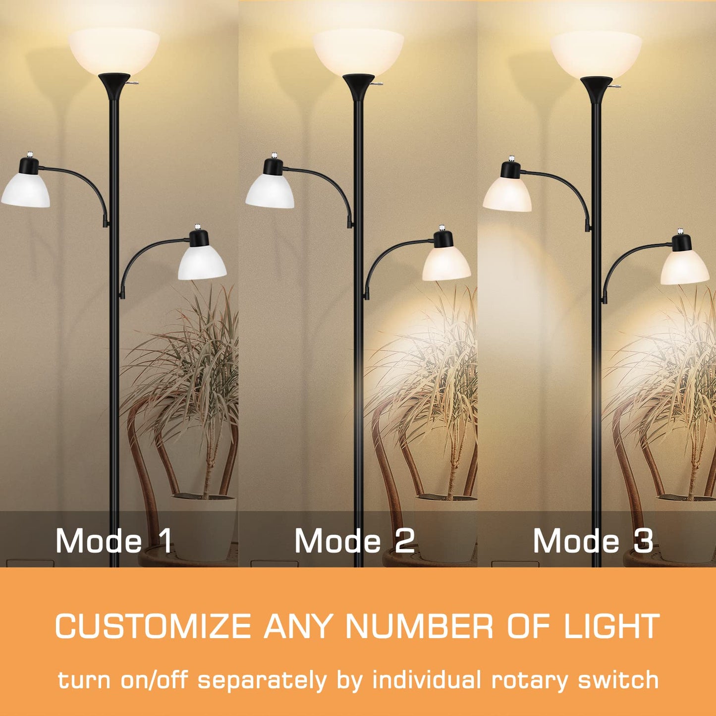 Luvkczc Floor Lamps for Living Room, 72" Tall Torchiere Floor Lamp with 8W Adjustable Reading Lights, Industrial Lamps for Living Room, Bedroom, Office, Black Tree Floor Lamp【3 Bulbs Included】