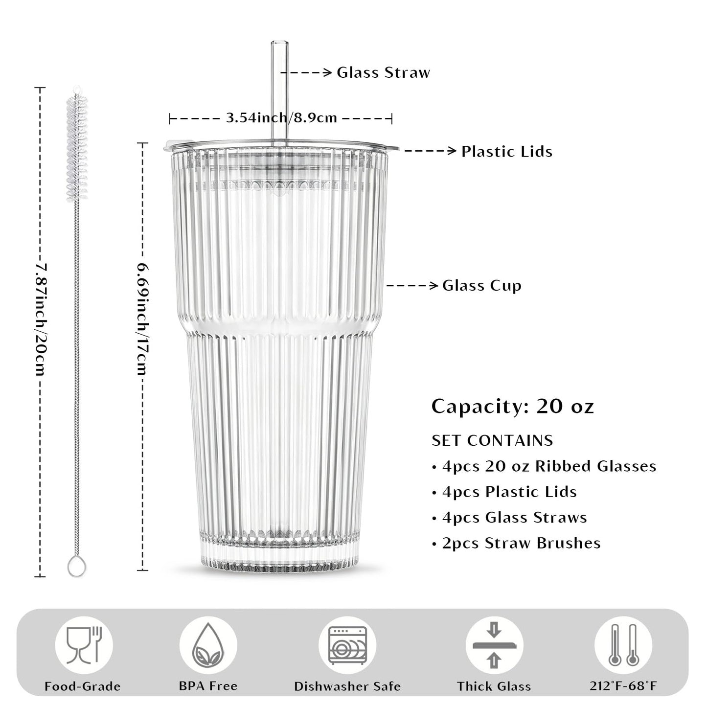 INSETLAN 20 oz Ribbed Glass Tumblers with Lids and Glass Straws – 4-Piece Glassware Set, Thickened Wall, Ideal for Iced Coffee, Smoothies, Cocktails, and Juices – Elegant and Durable Drinkware