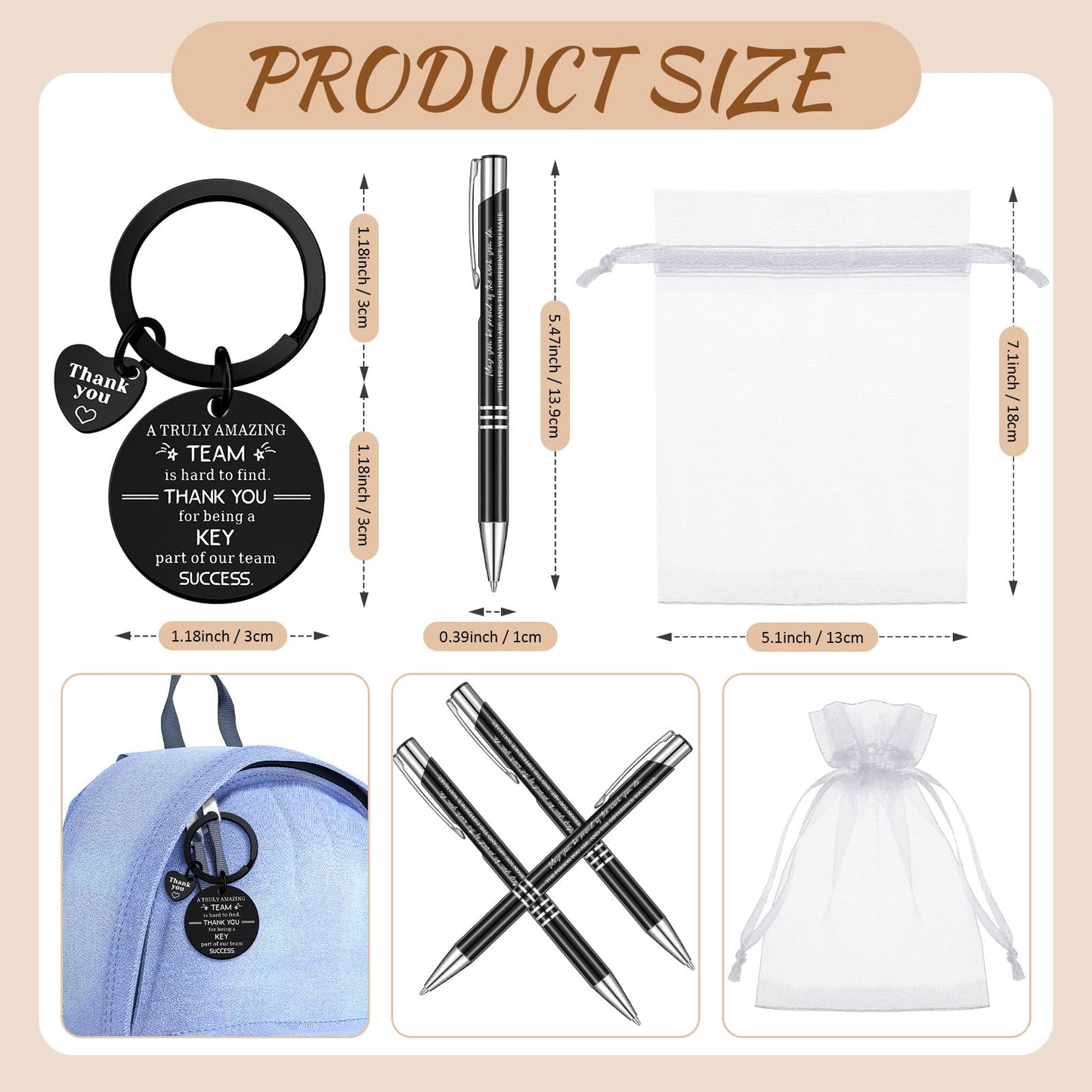 Fulmoon 80 Pcs Employee Appreciation Gifts Set Include Notepad Pen Thank You Keychain Organza Bag, Going Away Retirement Birthday Christmas Team Gift for Member Coworker(Black,Team)