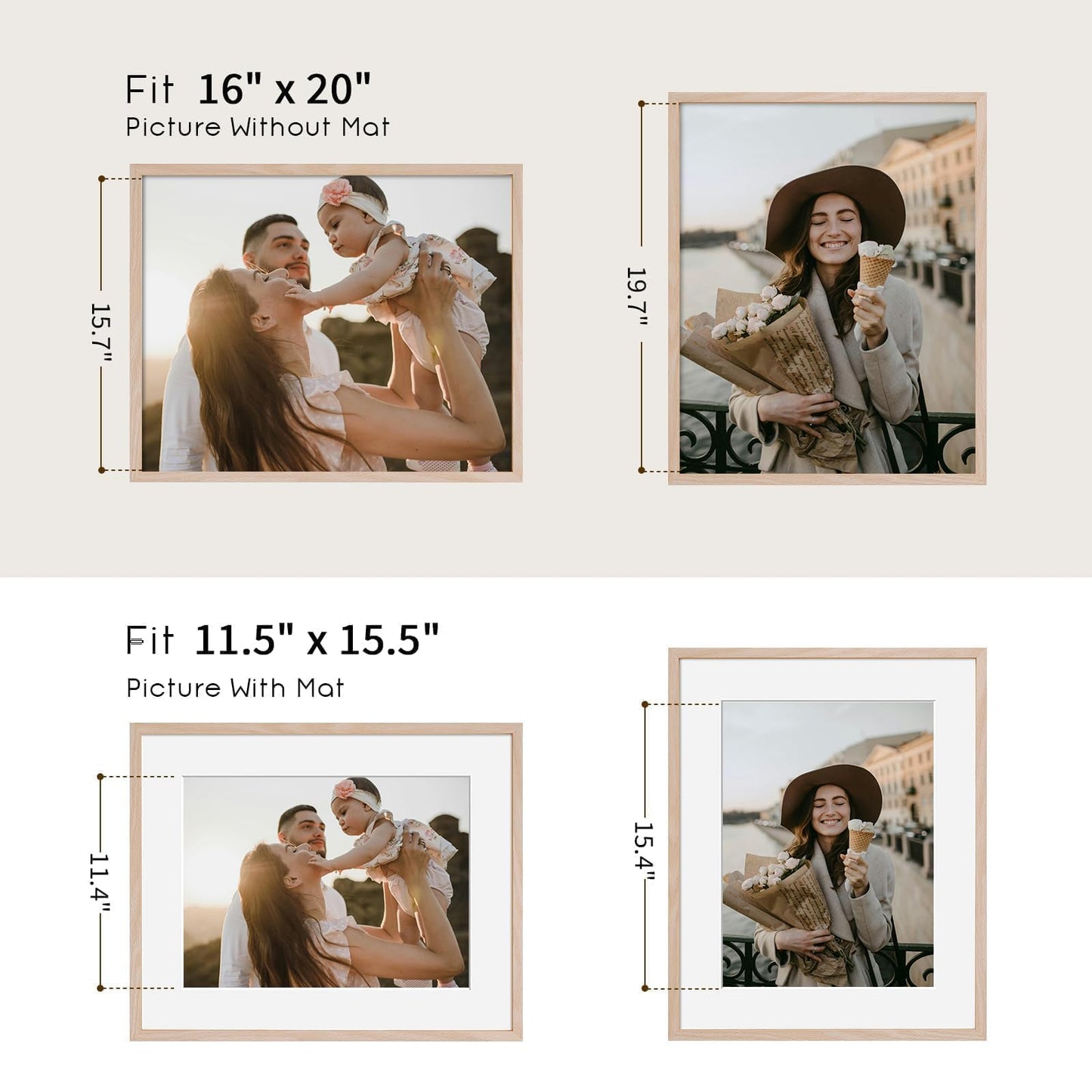 puthiac 16x20 Solid Oak Wood Picture Frame, Fits 12x16 with Mat or 16x20 Without Mat, Wall Display Only, Vertical or Horizontal, Plexi Front, 1 Pack, Natural Oak