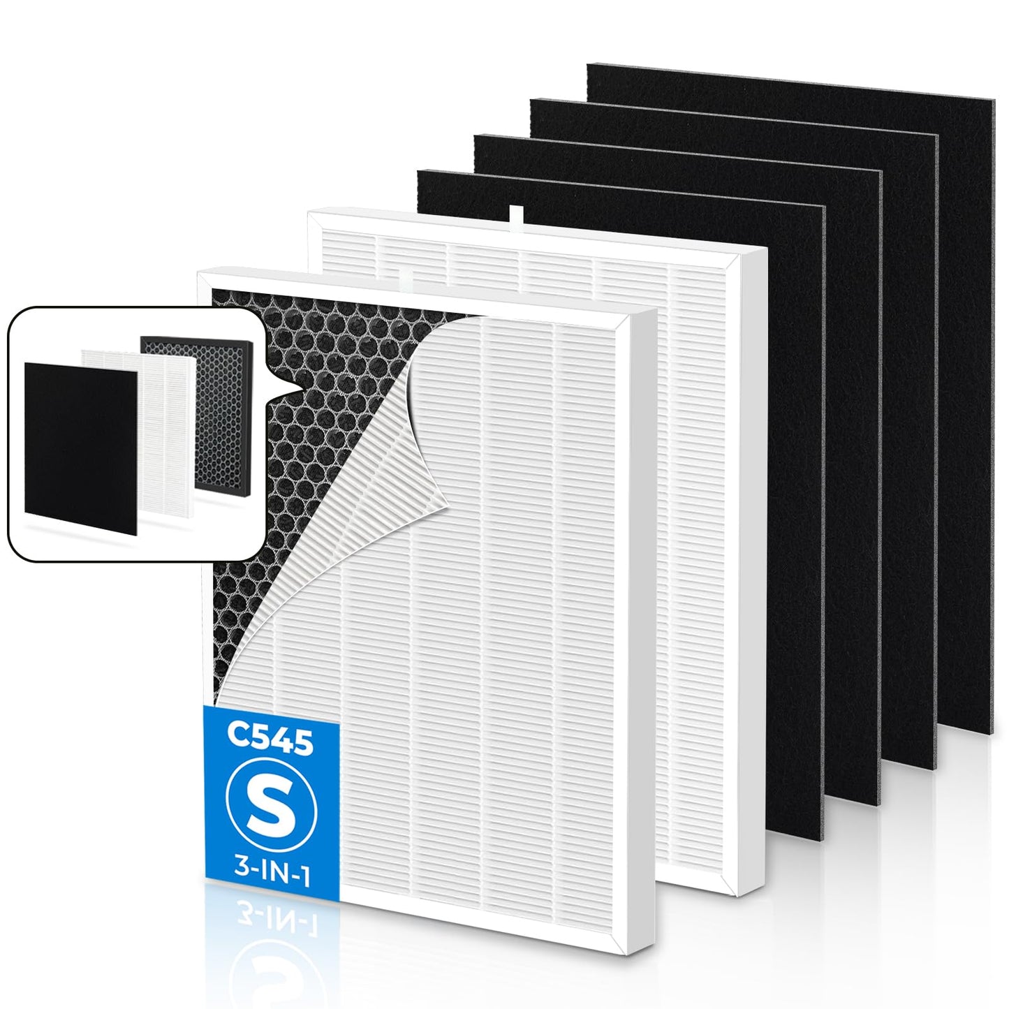 Facecool [Upgraded C545 Replacement Filter S Compatible with Winix C545 Air Purifier, 2 True HEPA/Activated Carbon Combo Filters + 4 Carbon Pre-Filter, Part# 1712-0096-00, 2522-0058-00