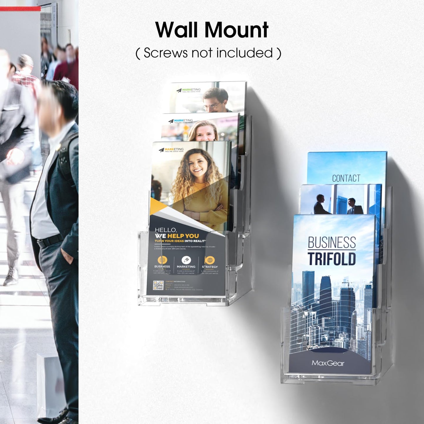MaxGear Acrylic Brochure Holder, 4 Inch Wide 3 Tier Literature Display Stand, Clear Premium Acrylic Pamphlet Holder, Multi Pocket Wall Mount or Countertop Organizer, Office or Home Use, 4 Pack