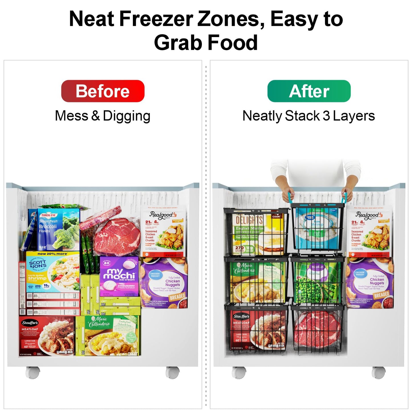 GSlife Freezer Organizer Bins - 3 Pack Large Deep Freezer Organizer Bins Expand to Fit 5 to 7 Cu.ft Chest Freezer, Stackable Wire Storage Bins with Handles Easy Access, Scratch Resistant, Black