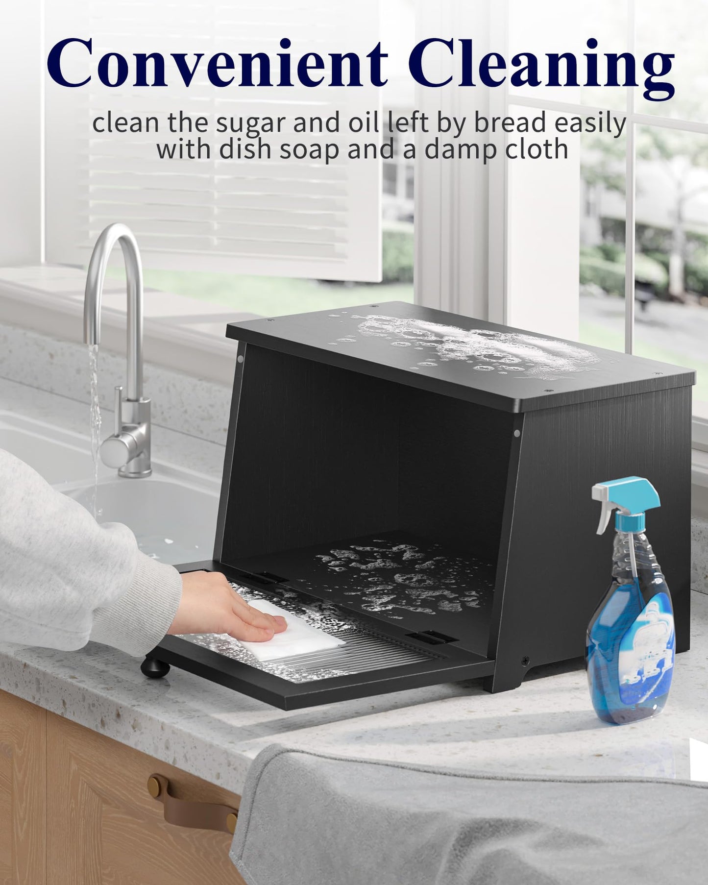 Kitsure Bread Box - Wooden Bread Box for Kitchen Countertop, Large Capacity Kitchen Countertop Organizer, Stylish Bread Storage with Window, Multi-functional Container, Black, 1-Tier