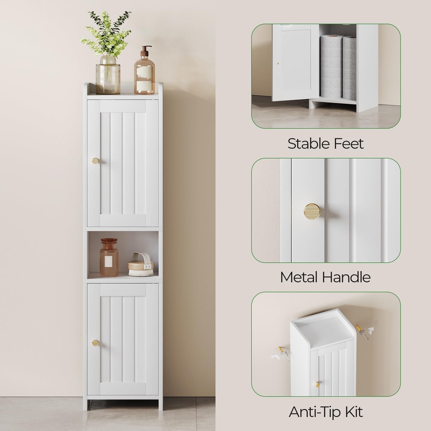 GLANZALANT Bathroom Cabinet with 2 Doors, 7.3 x 9.8 x 40.4 Inches, Small Freestanding Storage Cabinet with Adjustable Shelf, Floor Cabinet for Small Spaces, Bathroom, Entrances, Kitchen, White